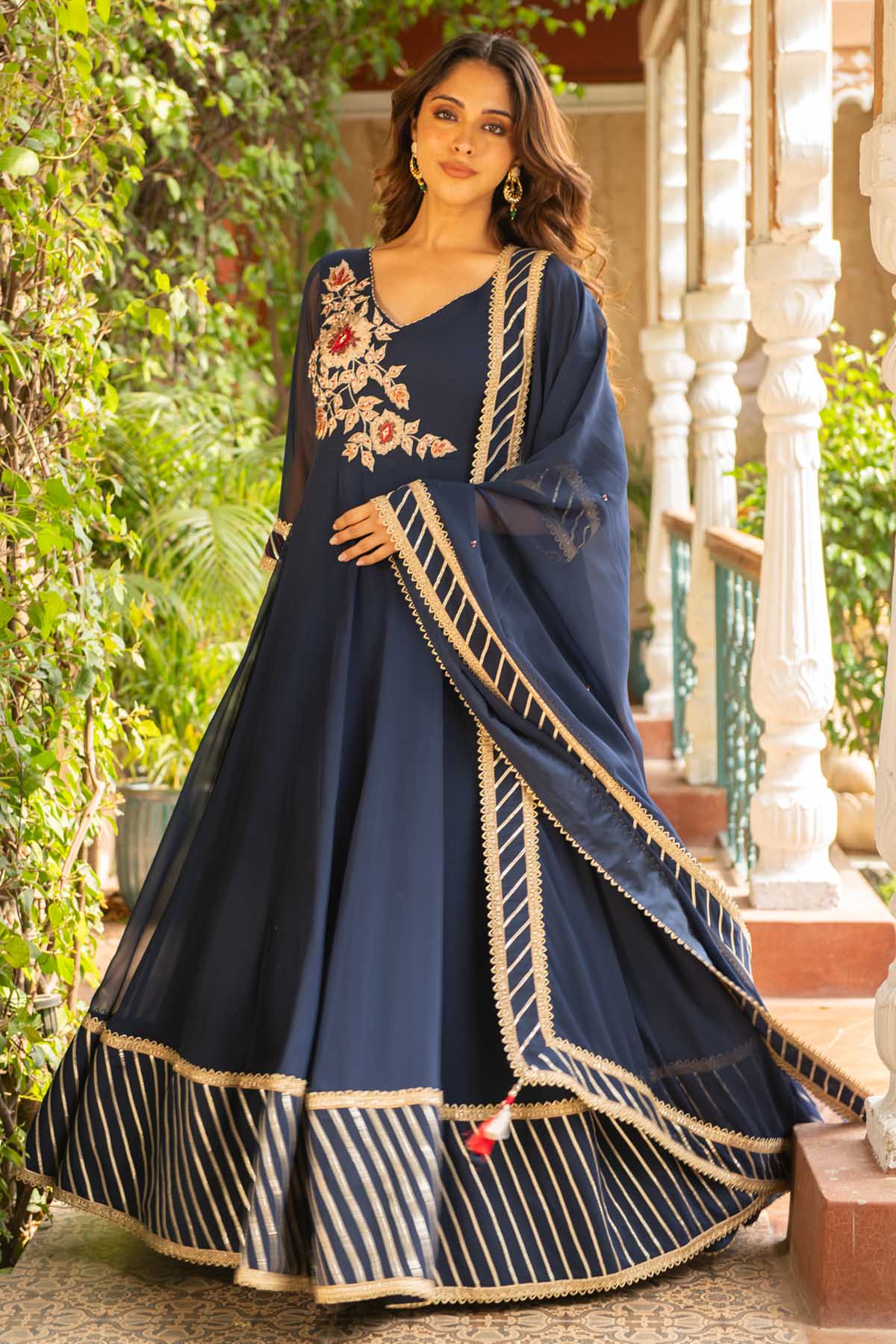 Navy Embroidered Anarkali Set