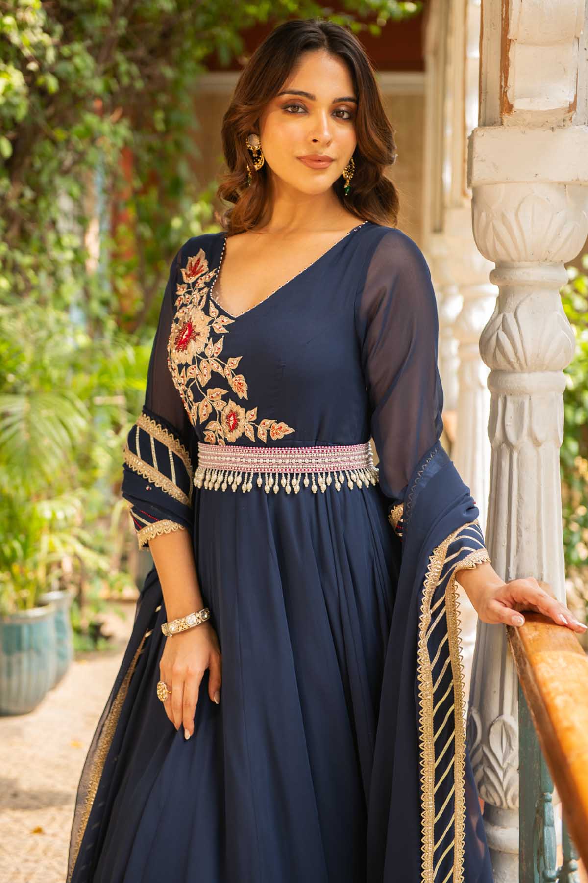 Navy Embroidered Anarkali Set