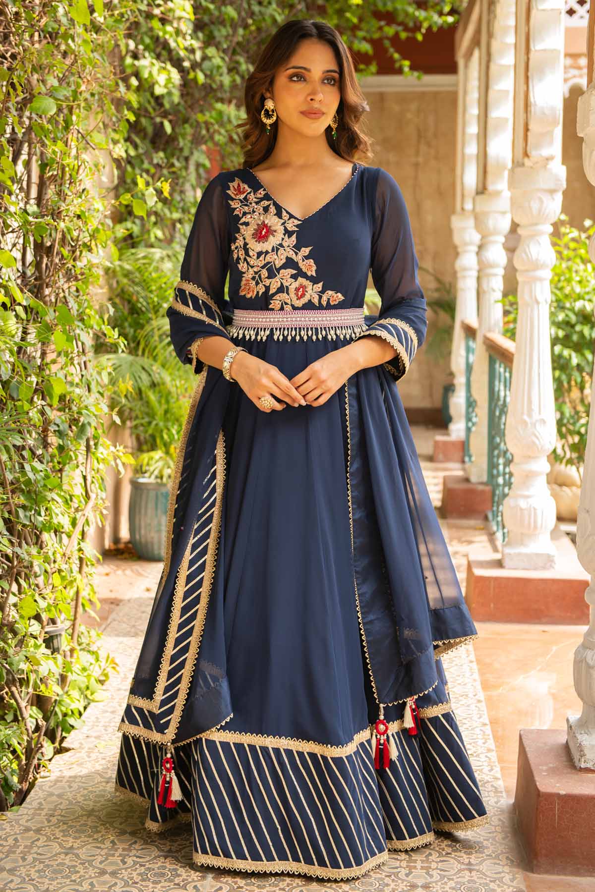 Ajiesh Oberoi Navy Embroidered Anarkali Set for women online at ScrollnShops