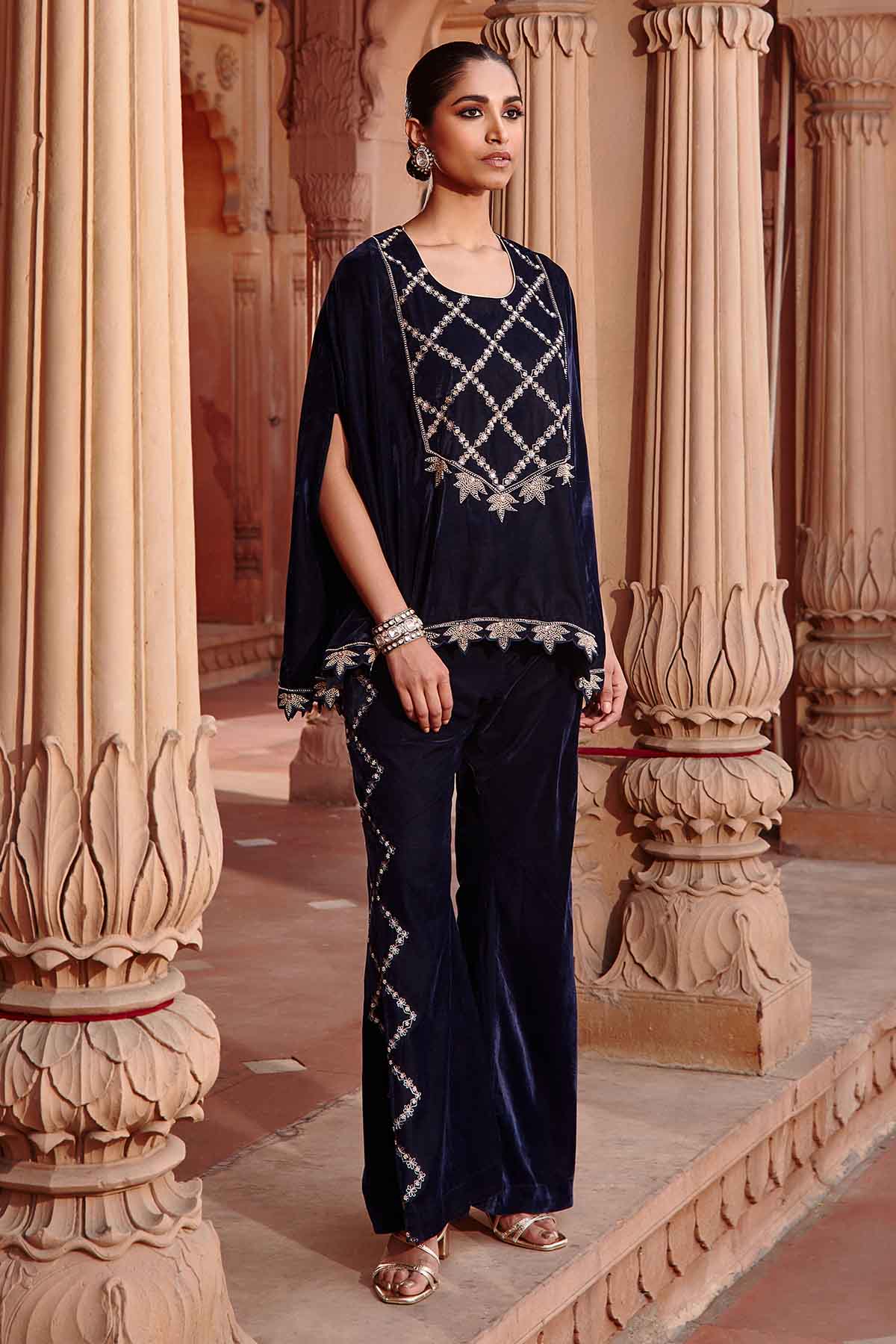 Buy Navy Embroidered Cape & Pants by Ajiesh Oberoi for women online at ScrollnShops