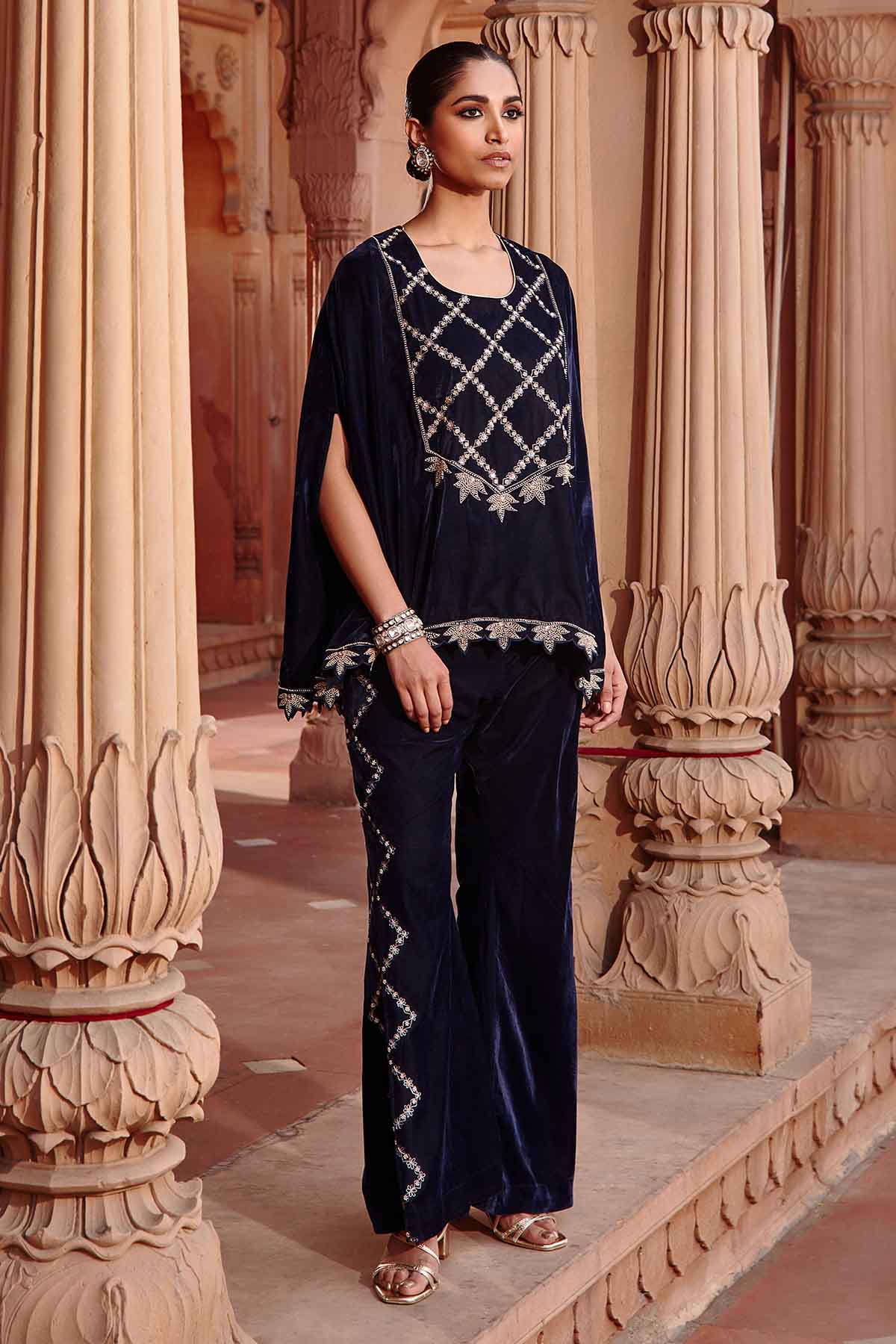 Buy Navy Embroidered Cape & Pants Online