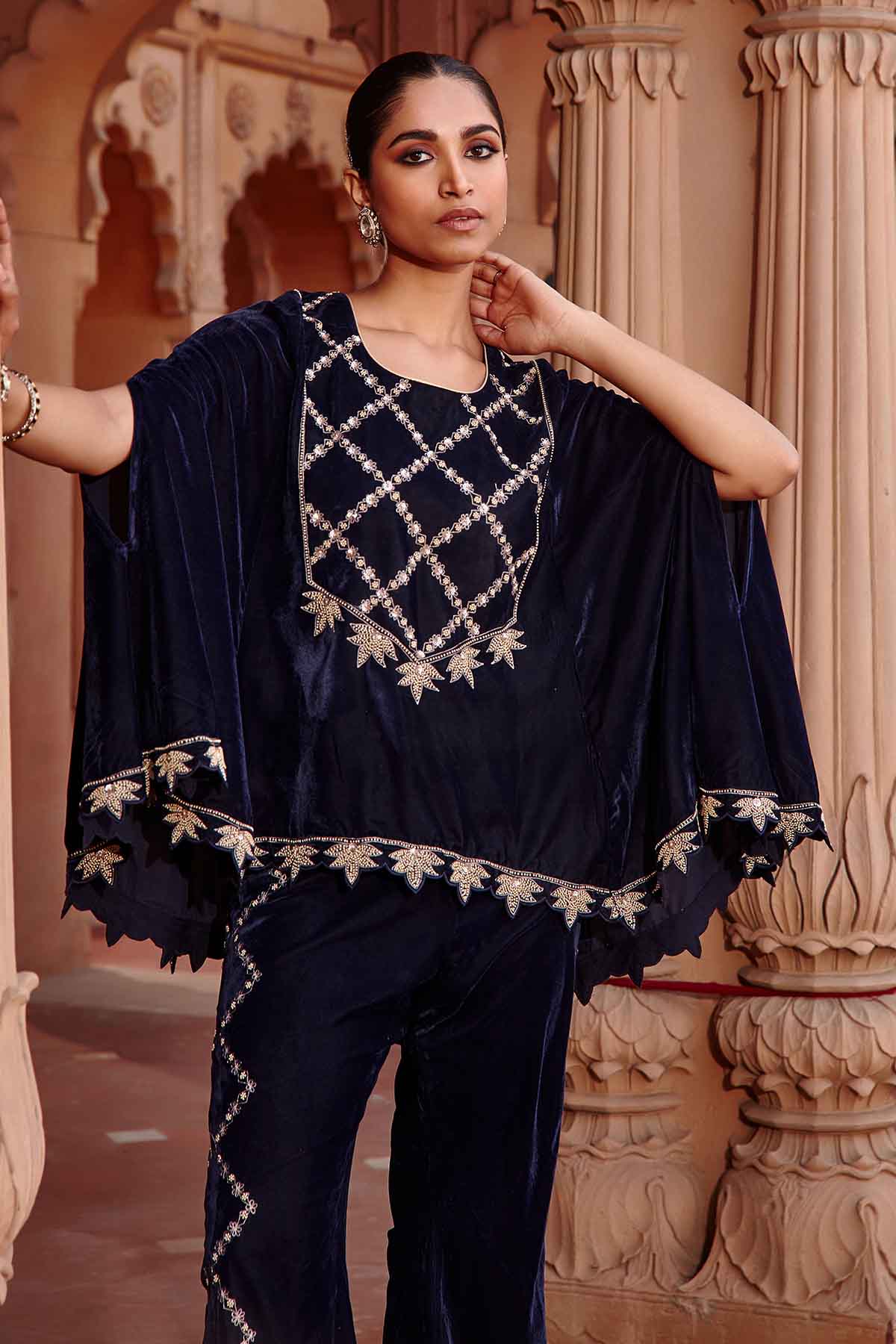 Navy Embroidered Cape & Pants