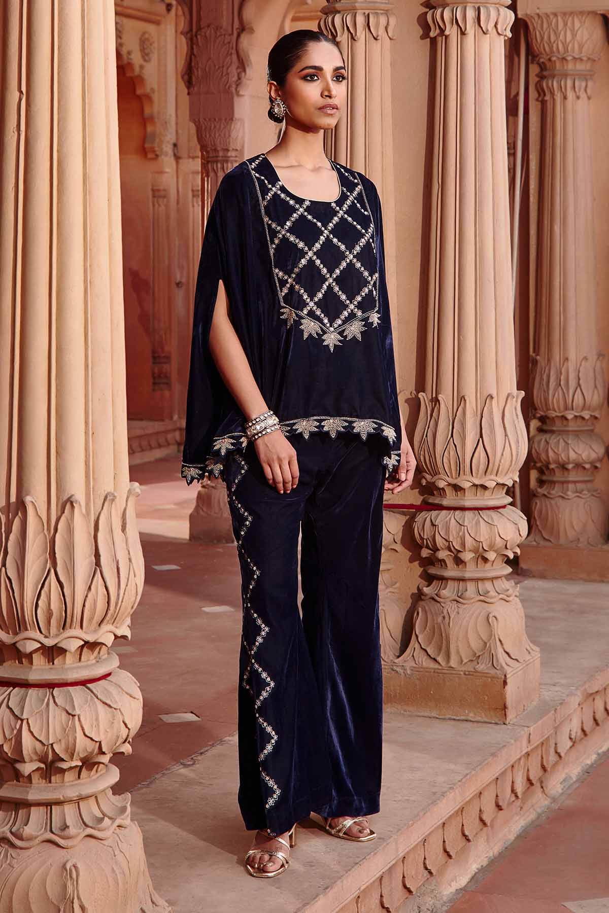Navy Embroidered Cape & Pants