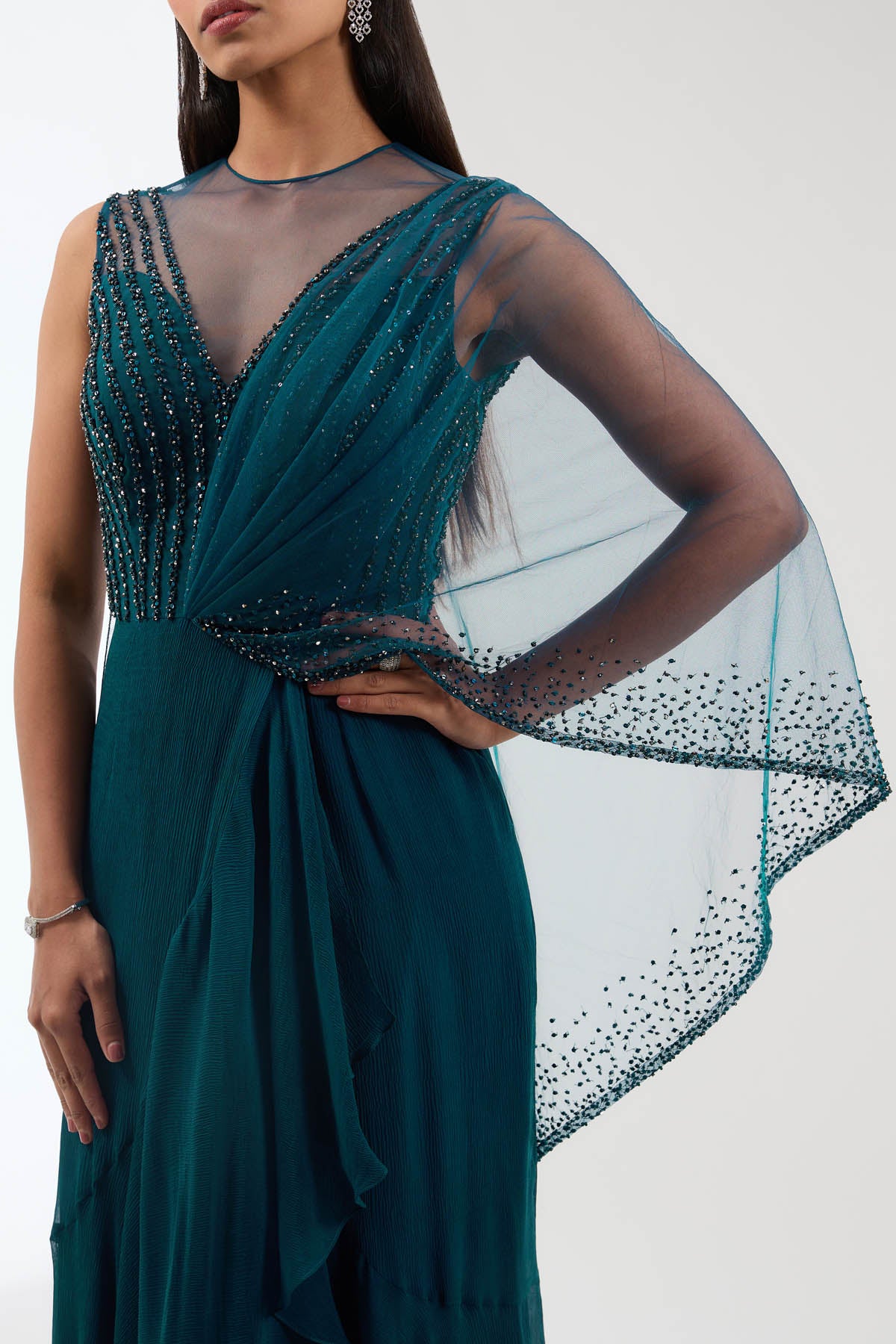 Navy Embroidered Draped Gown