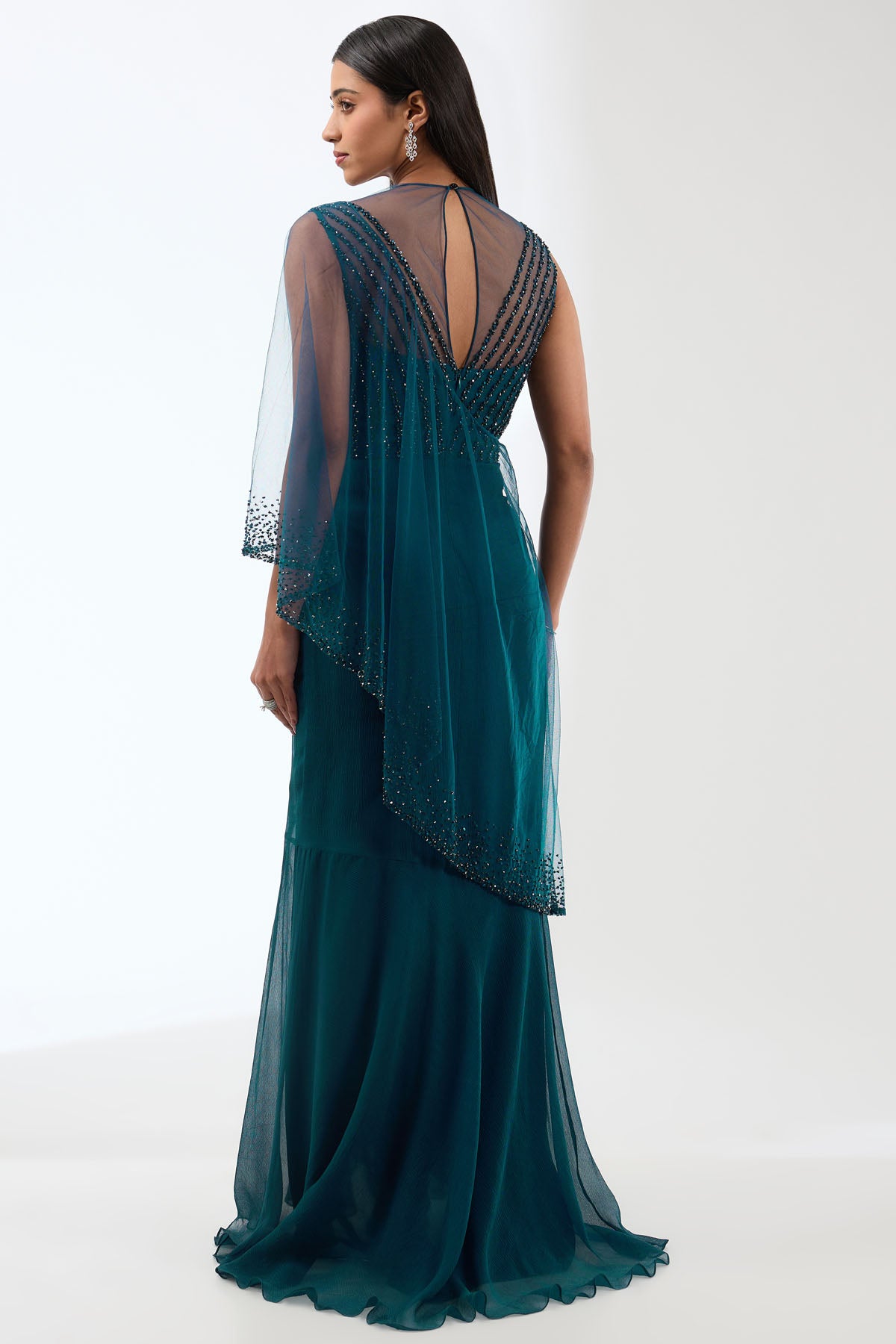 Navy Embroidered Draped Gown