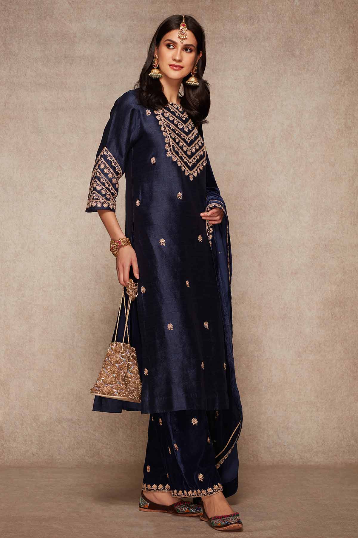 Navy Embroidered Palazzo Set