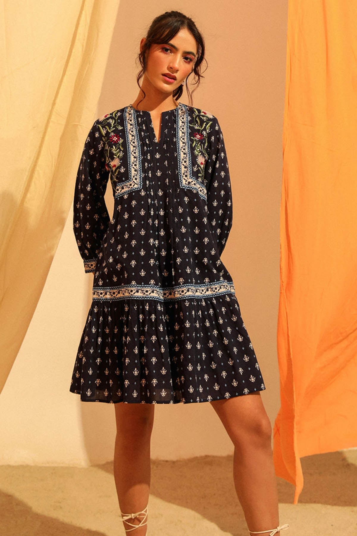 Buy Sewtable Clothing Navy Embroidered Printed Dress Online at ScrollnShops