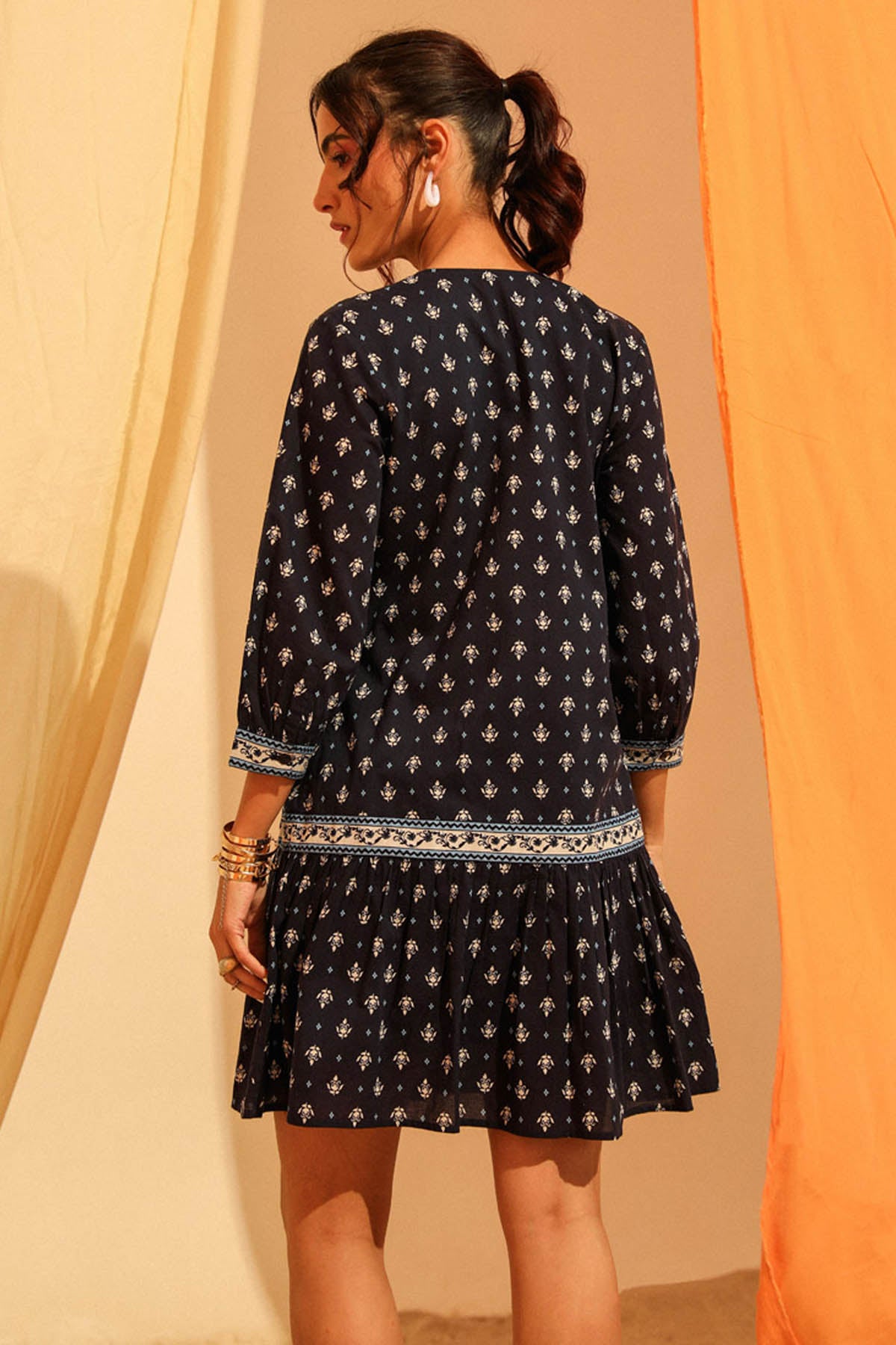 Navy Embroidered Cotton Dress
