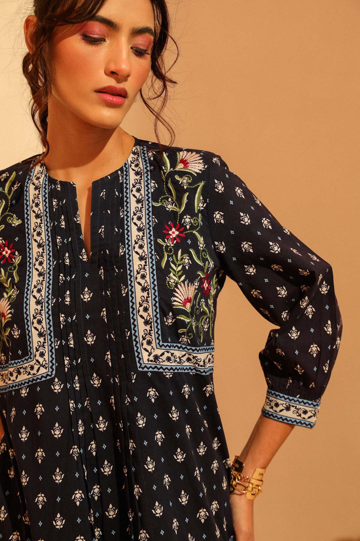 Navy Embroidered Cotton Dress