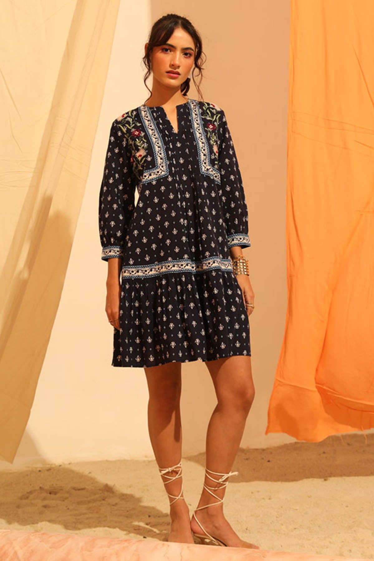 Navy Embroidered Cotton Dress