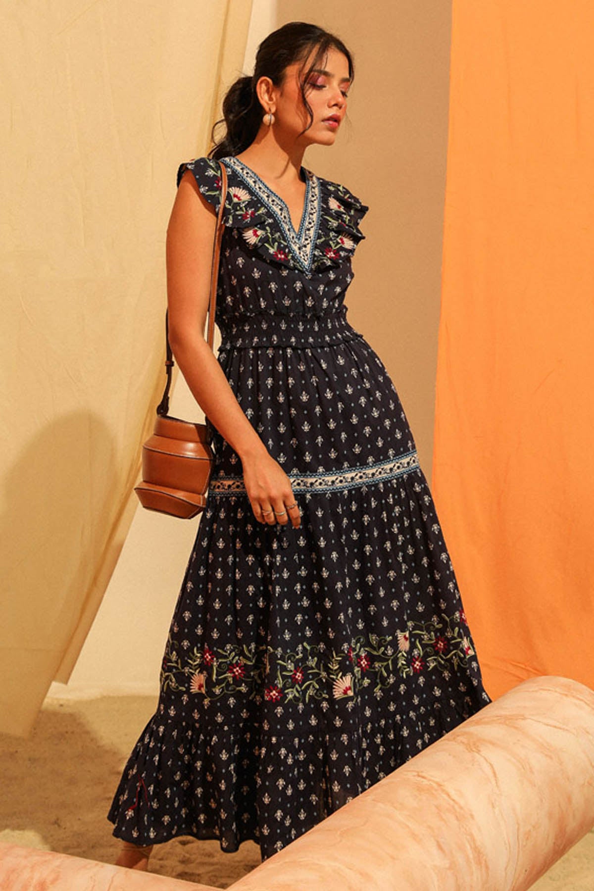 Navy Embroidered Printed Dress