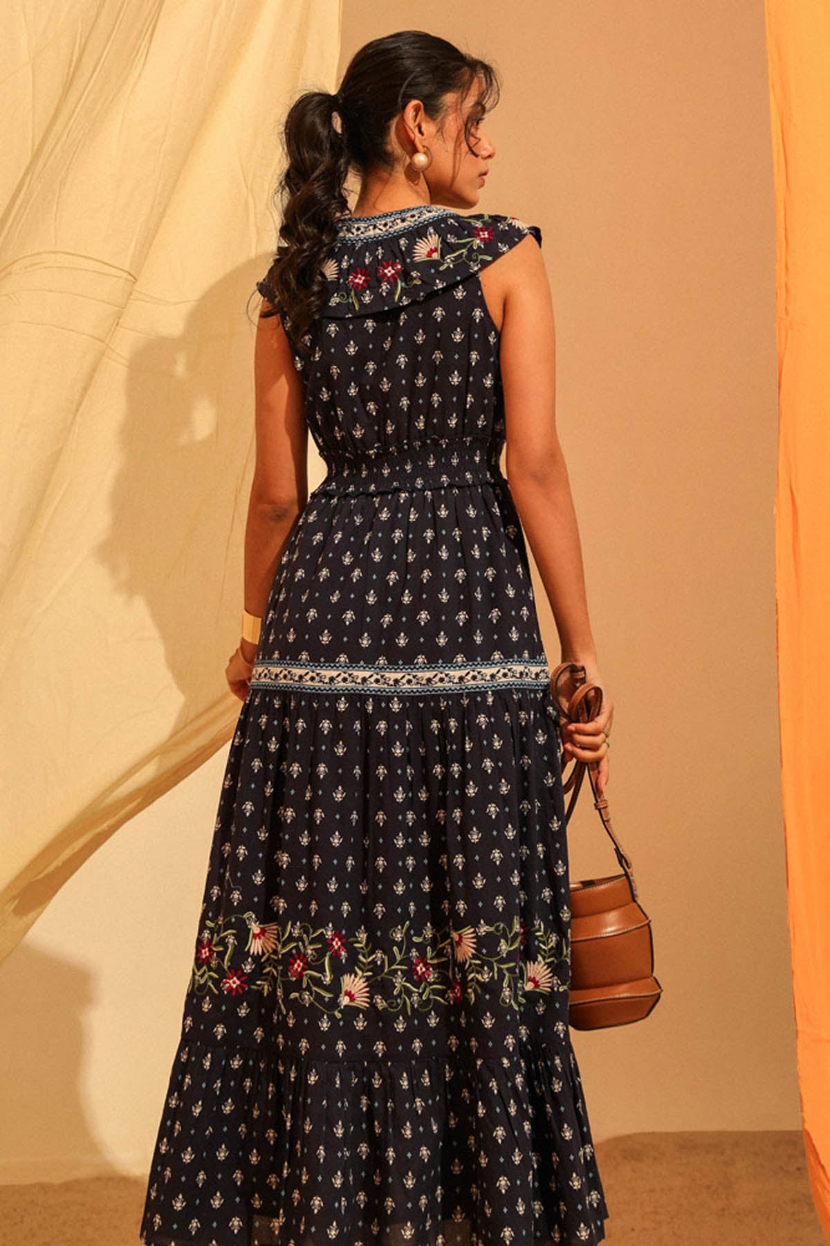 Navy Embroidered Printed Dress