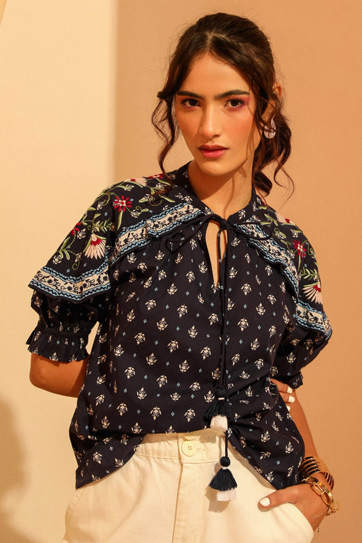 Navy Embroidered Printed Top
