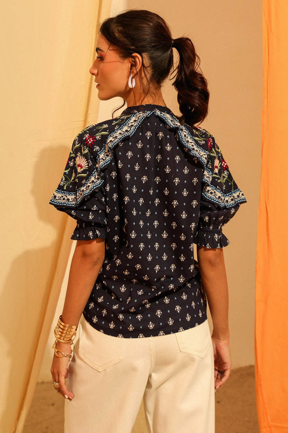Navy Embroidered Printed Top