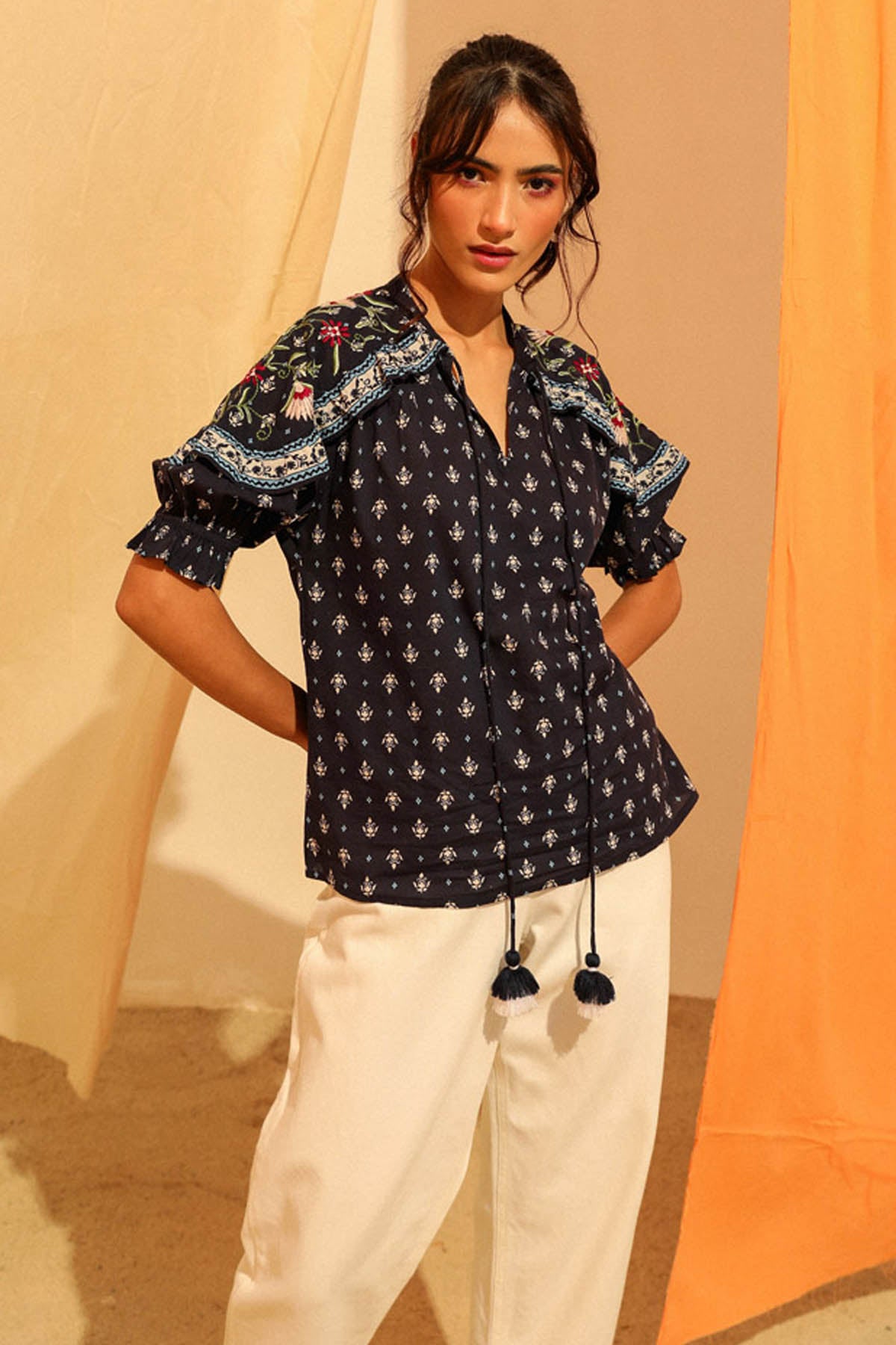 Navy Embroidered Printed Top