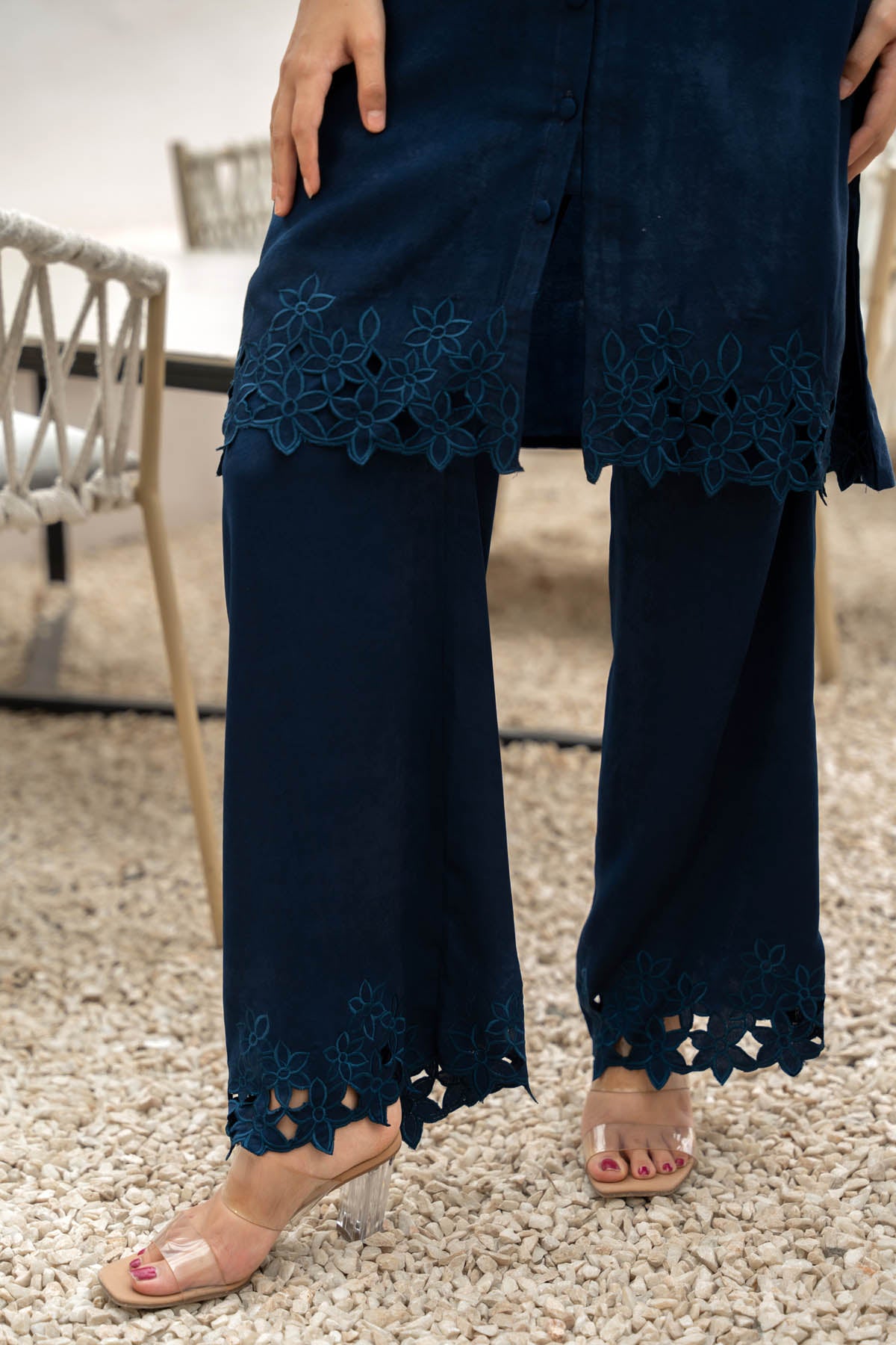 Navy Floral Cutwork Co-ord Set