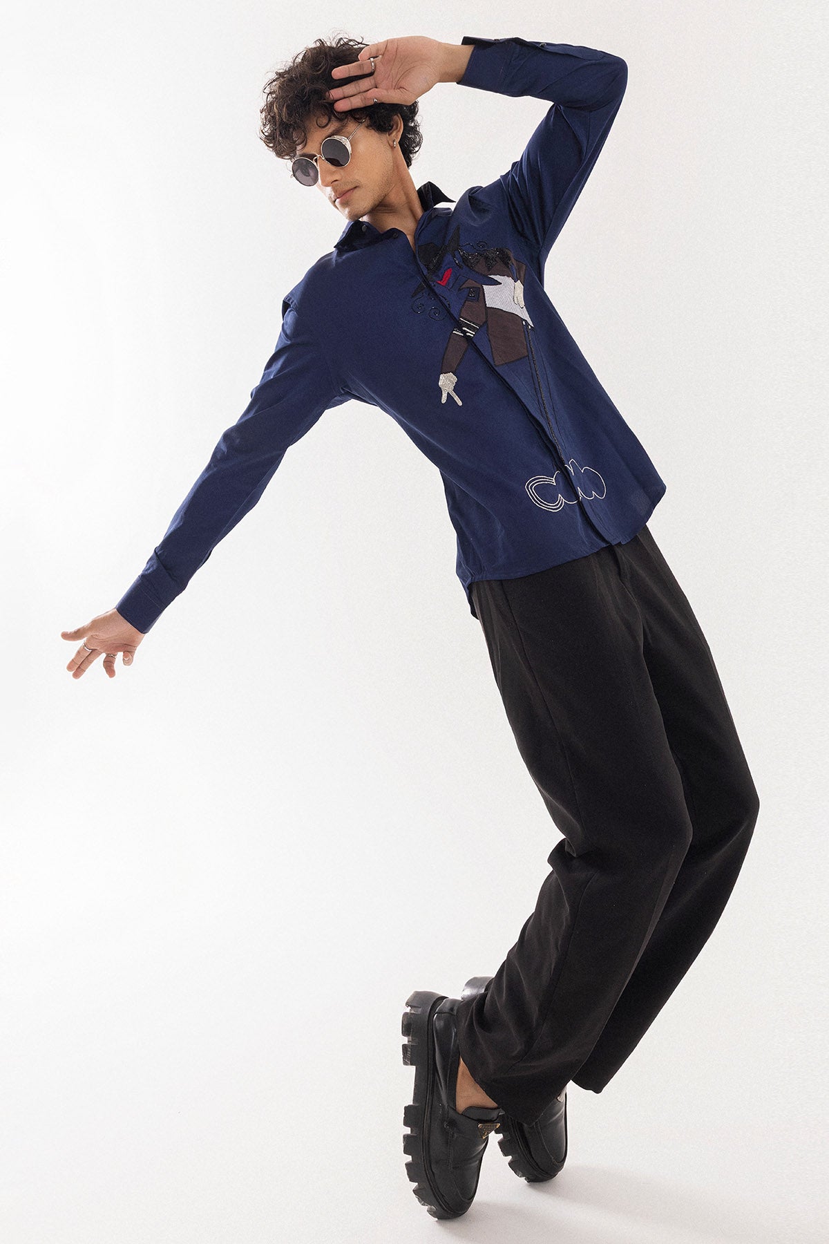 Navy Giza Cotton Applique Shirt
