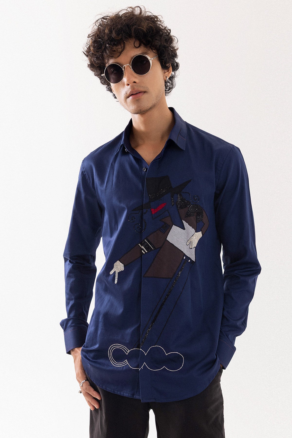 Buy Navy Giza Cotton Applique Shirt for men by Paarsh Atelier online available at scrollnshops