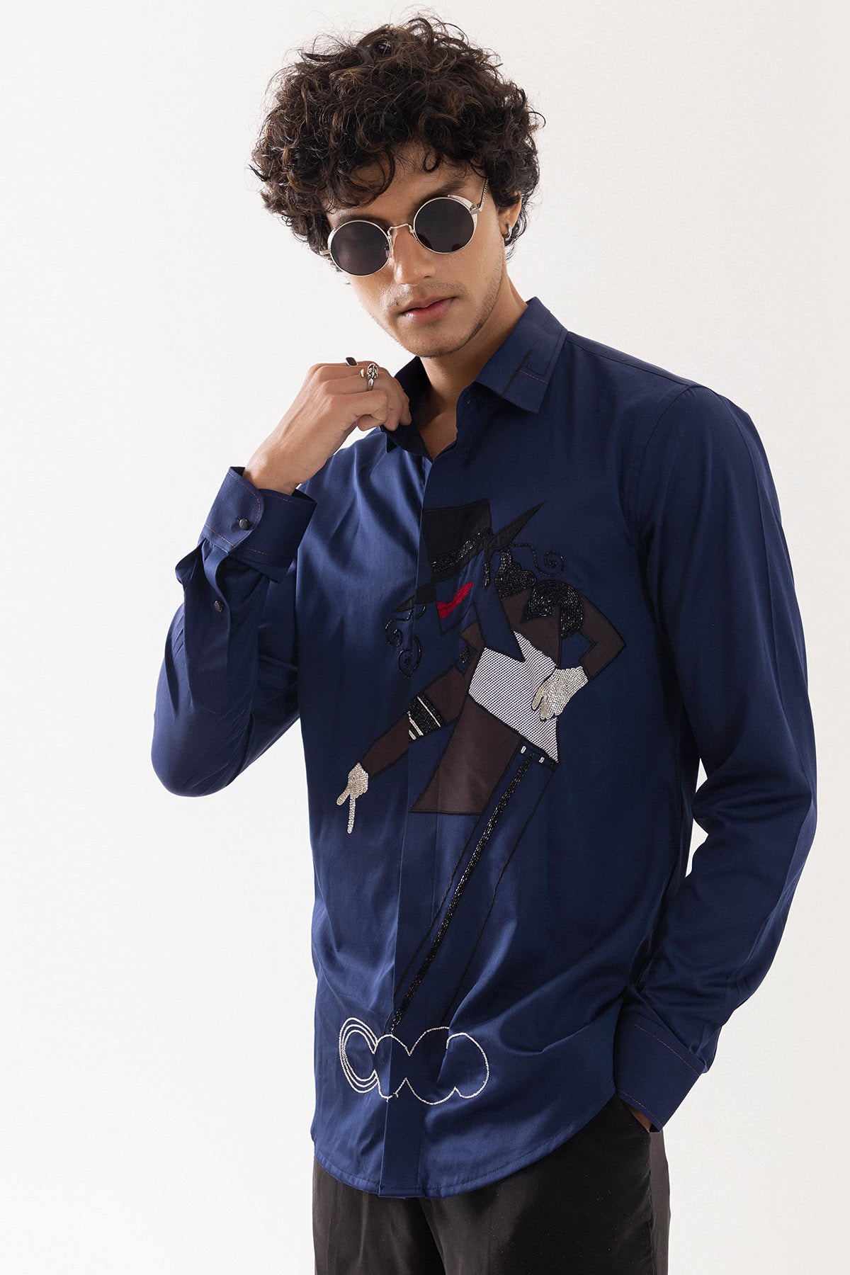 Navy Giza Cotton Applique Shirt