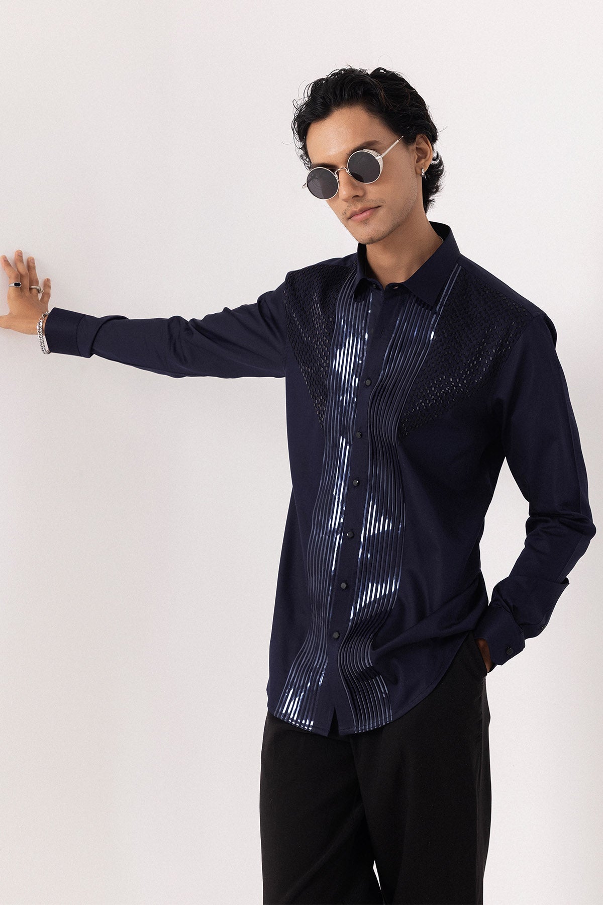 Buy Navy Giza Cotton Metallic Shirt for men by Paarsh Atelier online available at scrollnshops