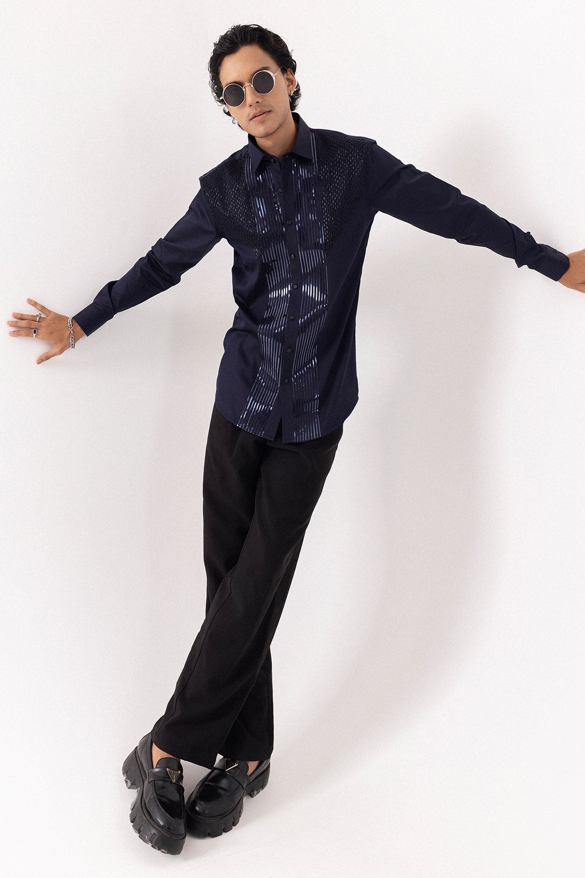 Navy Giza Cotton Metallic Shirt