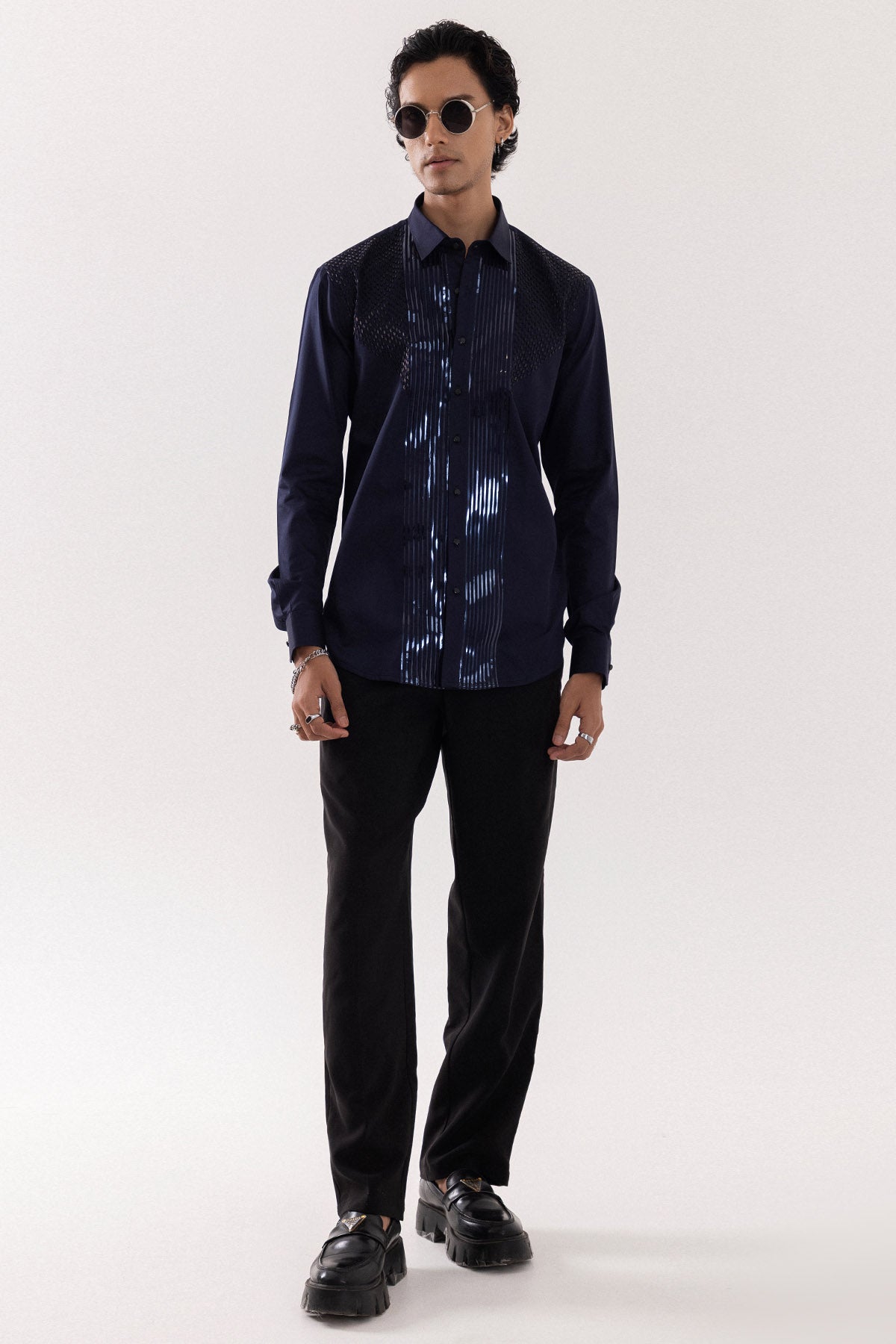 Navy Giza Cotton Metallic Shirt