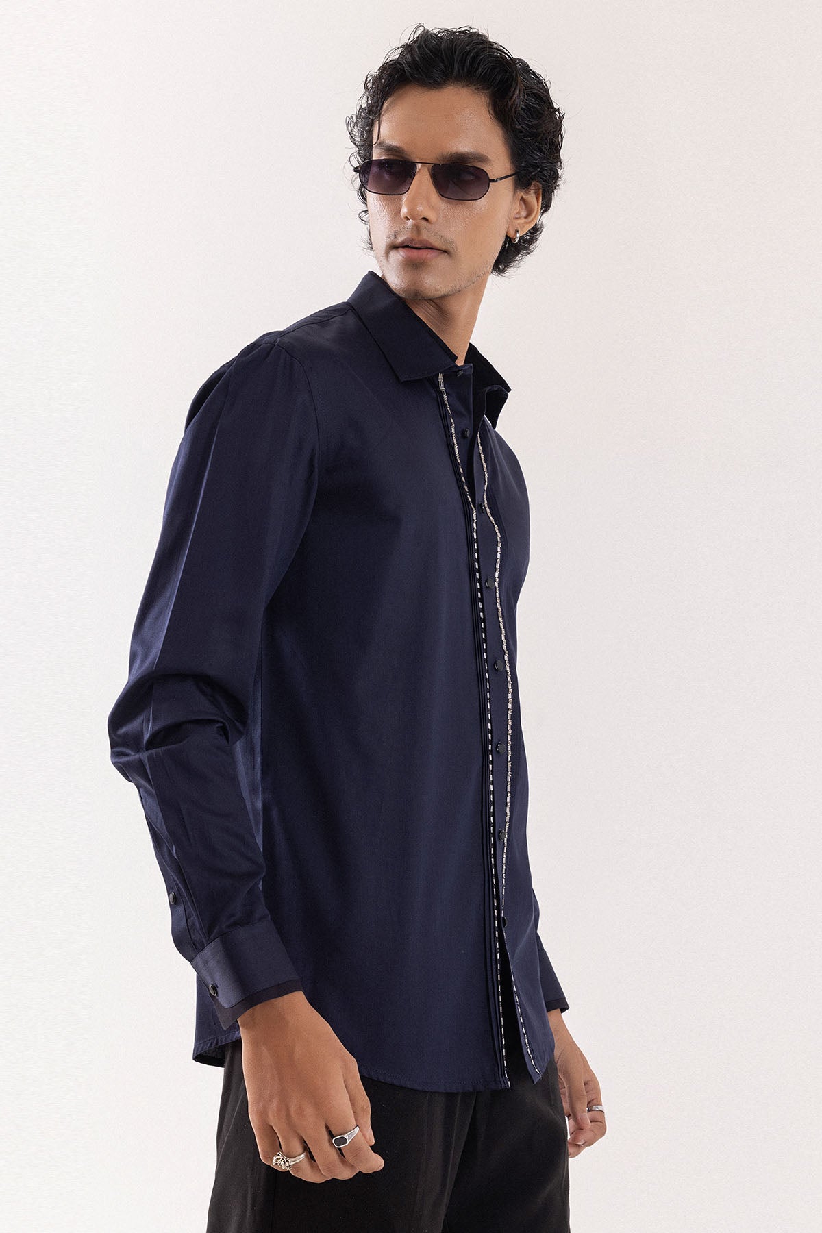 Navy Giza Cotton Pintuck Shirt