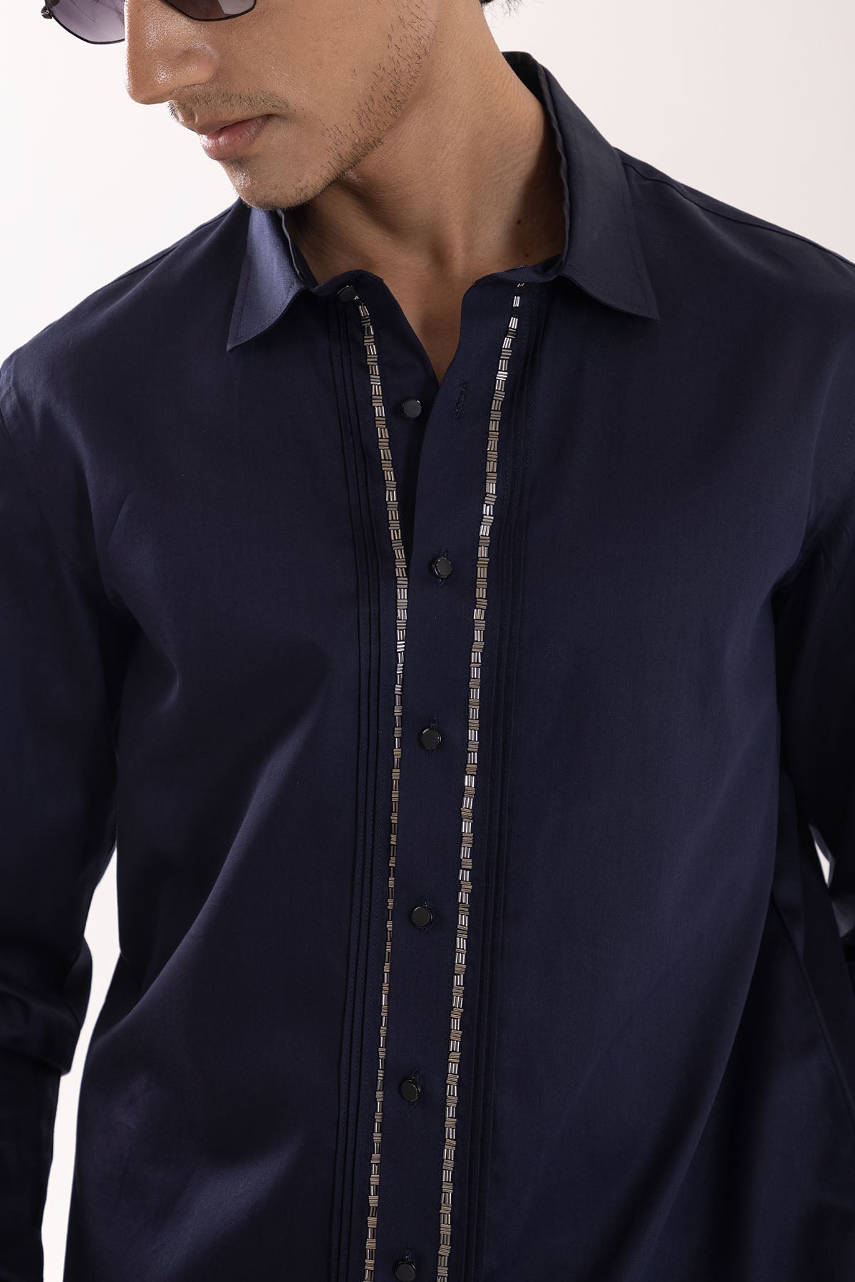 Navy Giza Cotton Pintuck Shirt