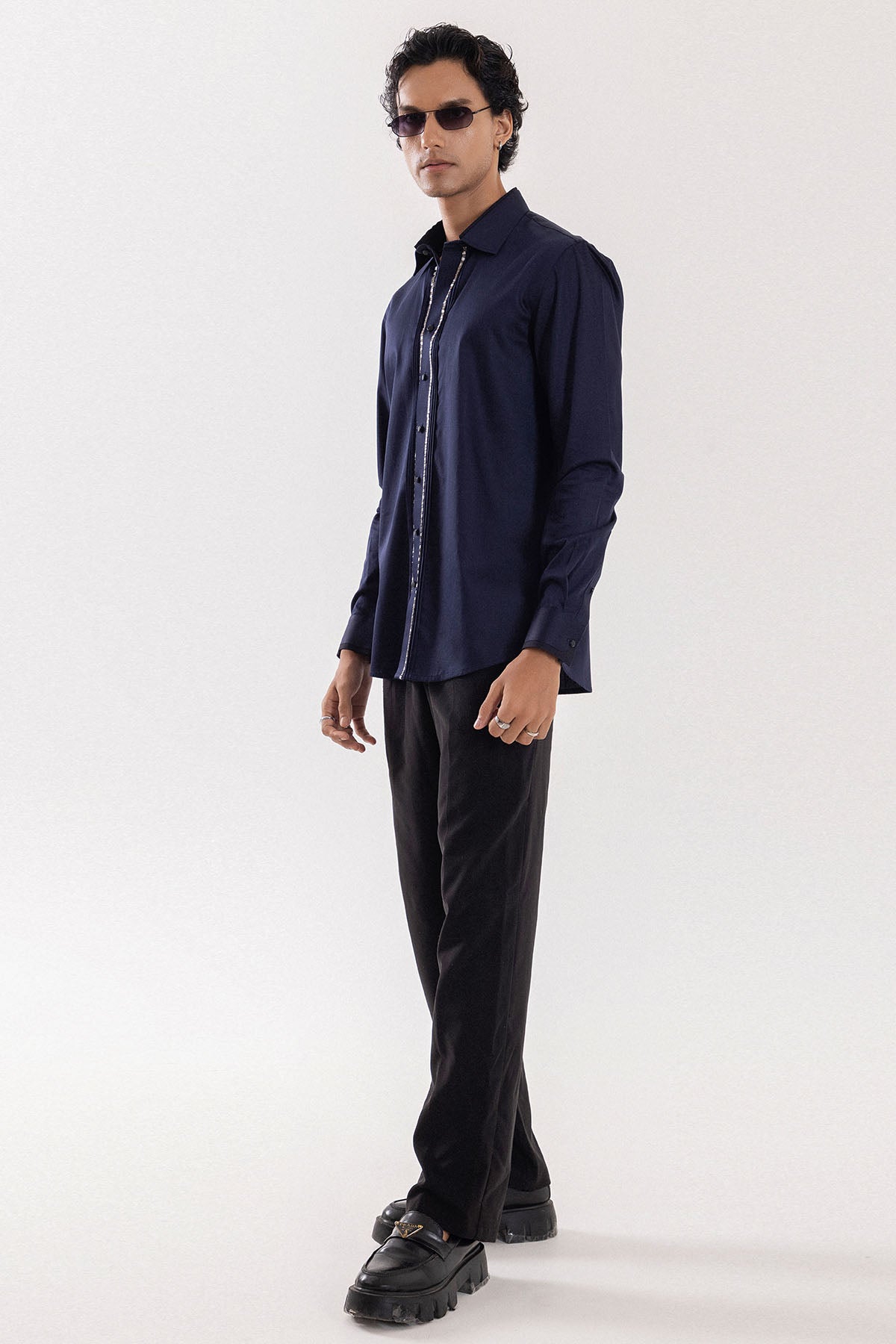Navy Giza Cotton Pintuck Shirt