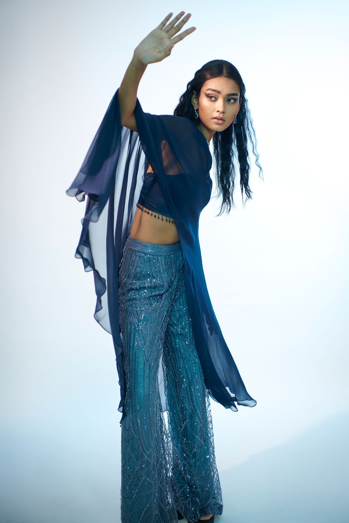 Navy & Grey Embroidered Cape Set