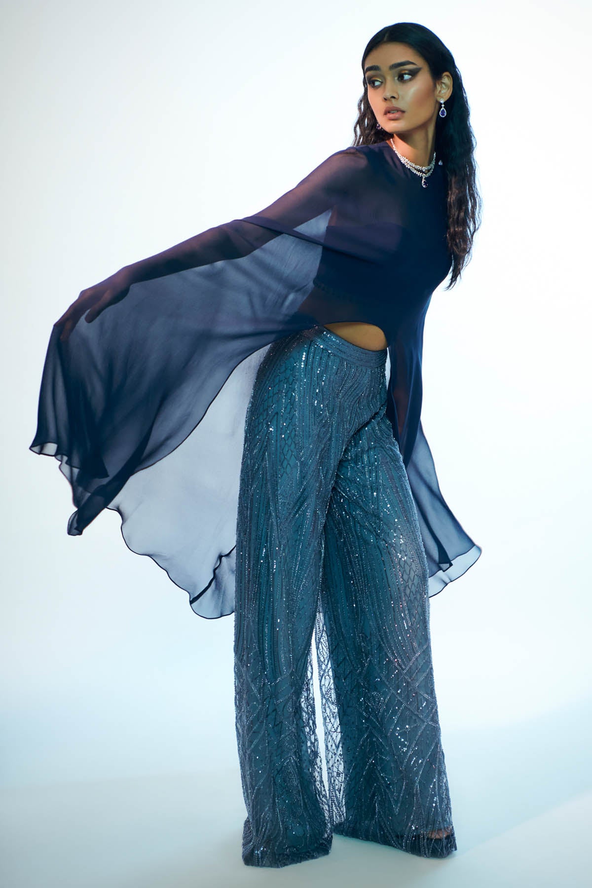 Navy & Grey Embroidered Cape Set