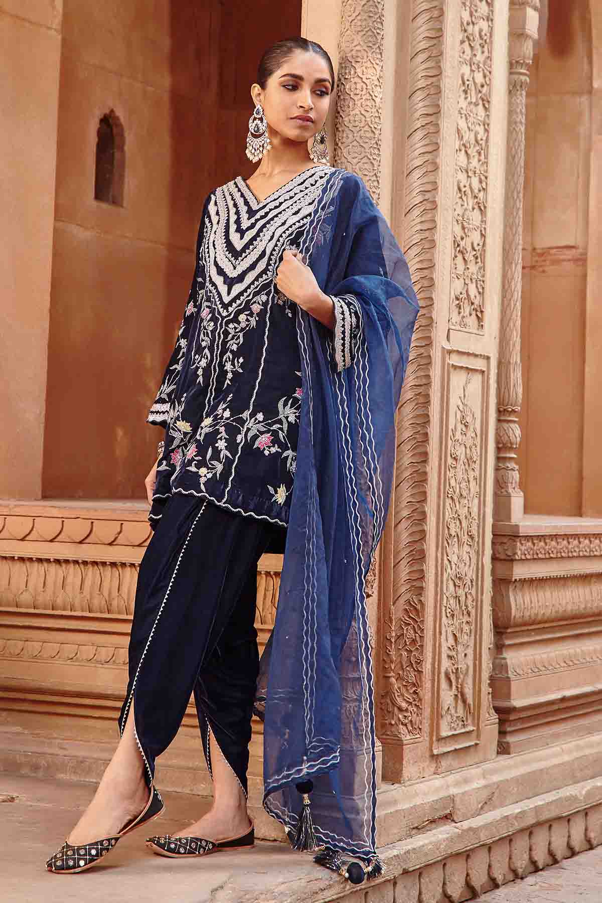 Navy Hand Embroidered Dhoti Set