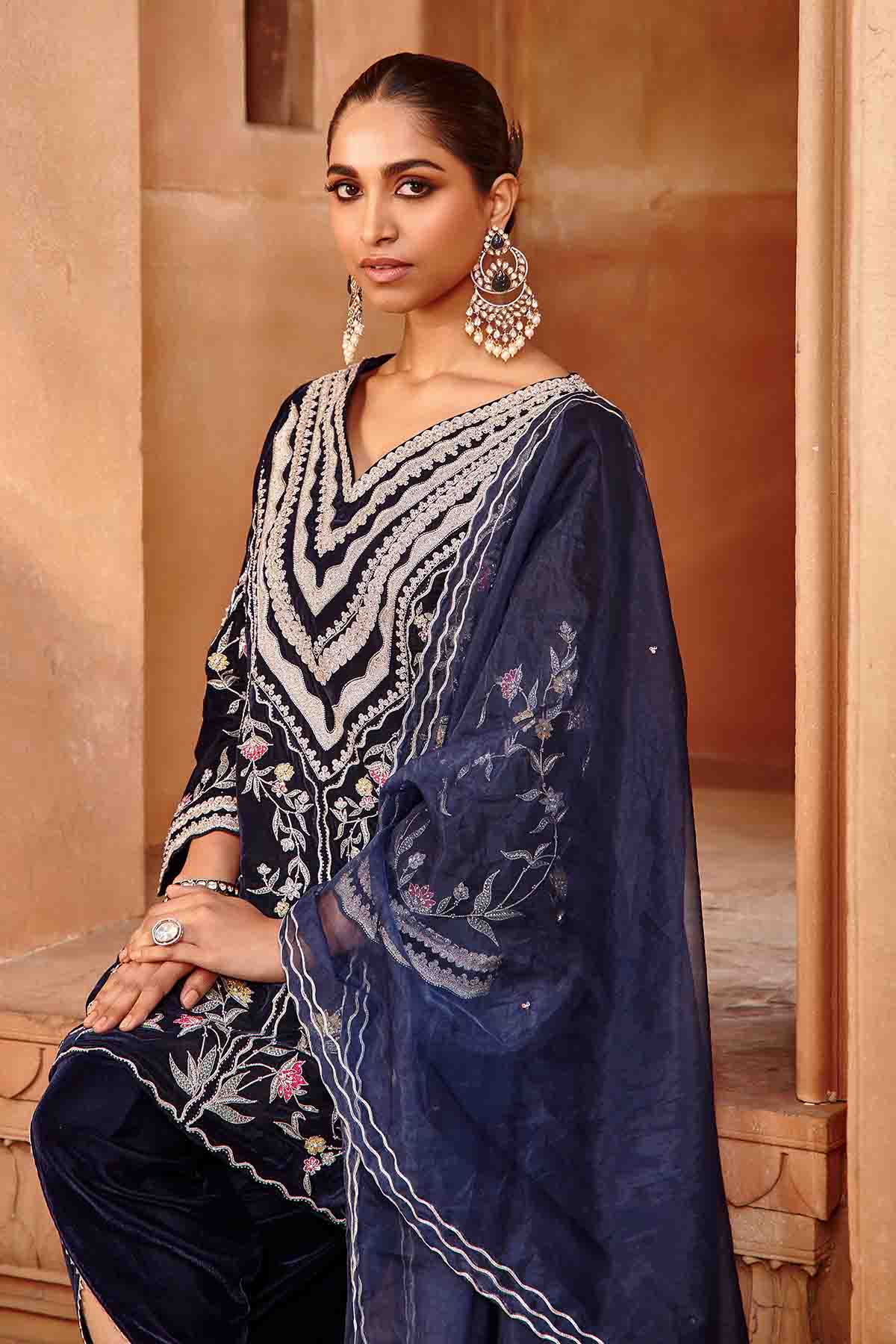 Navy Hand Embroidered Dhoti Set