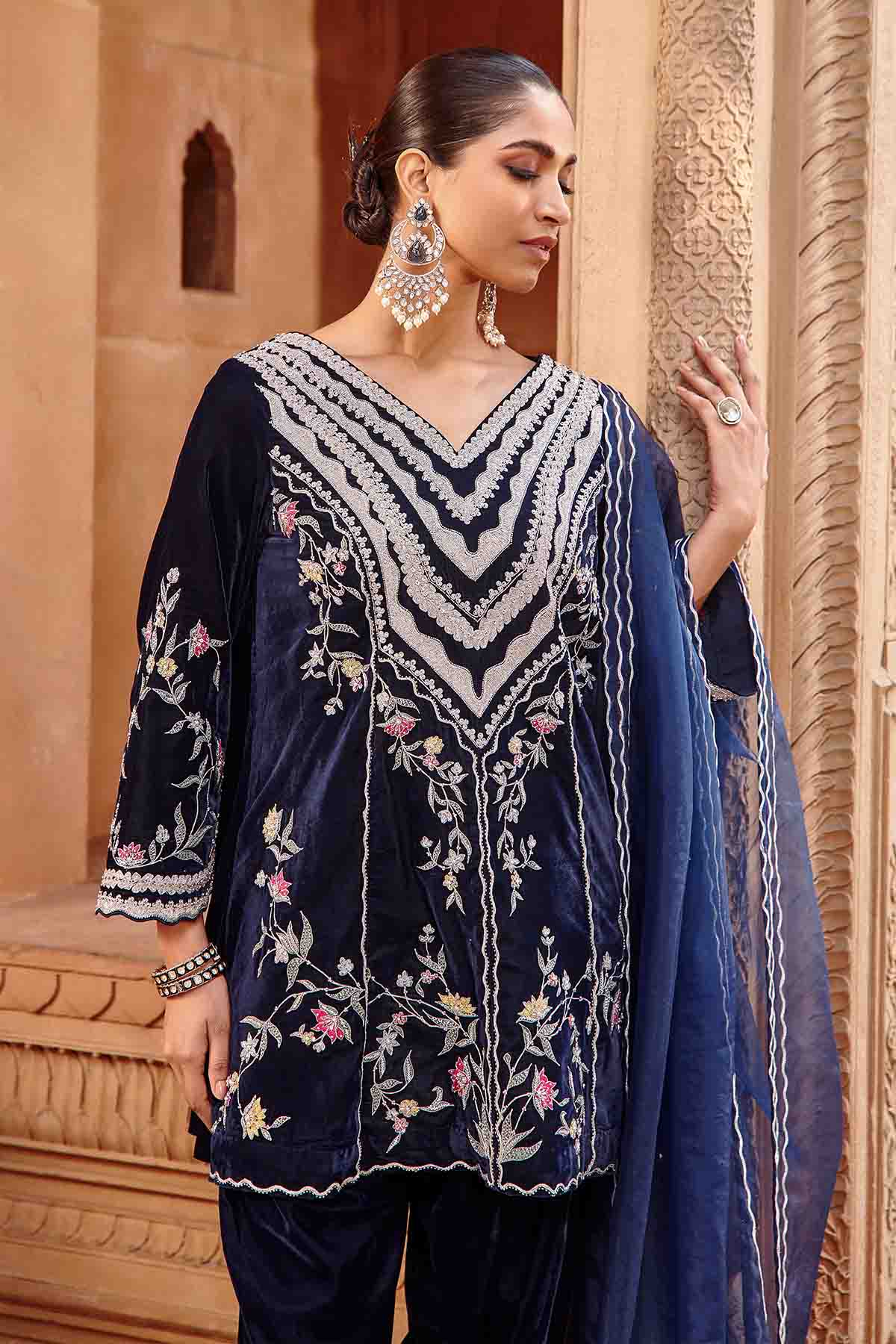 Navy Hand Embroidered Dhoti Set