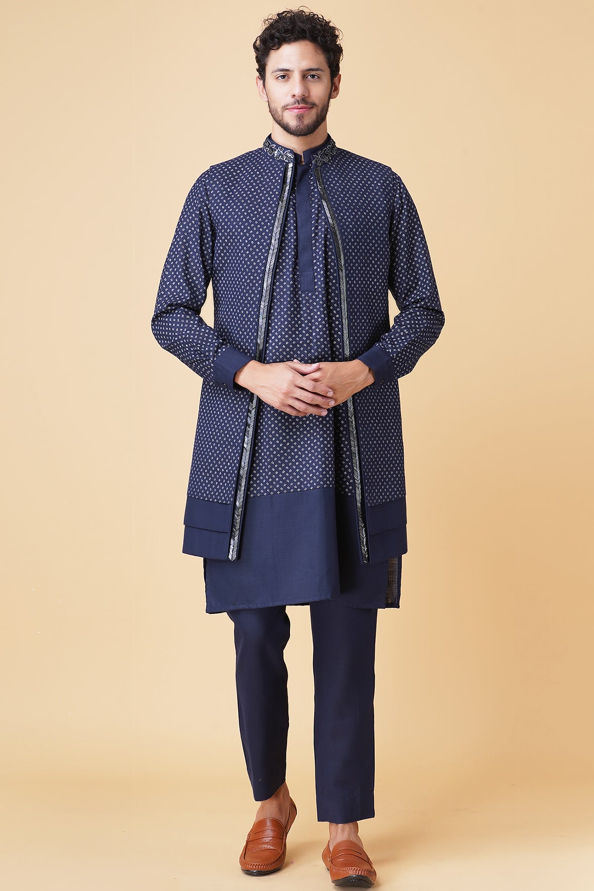 Buy Navy Hand Embroidered Kurta Set by Manish Nagdeo for Men online at ScrollnShops