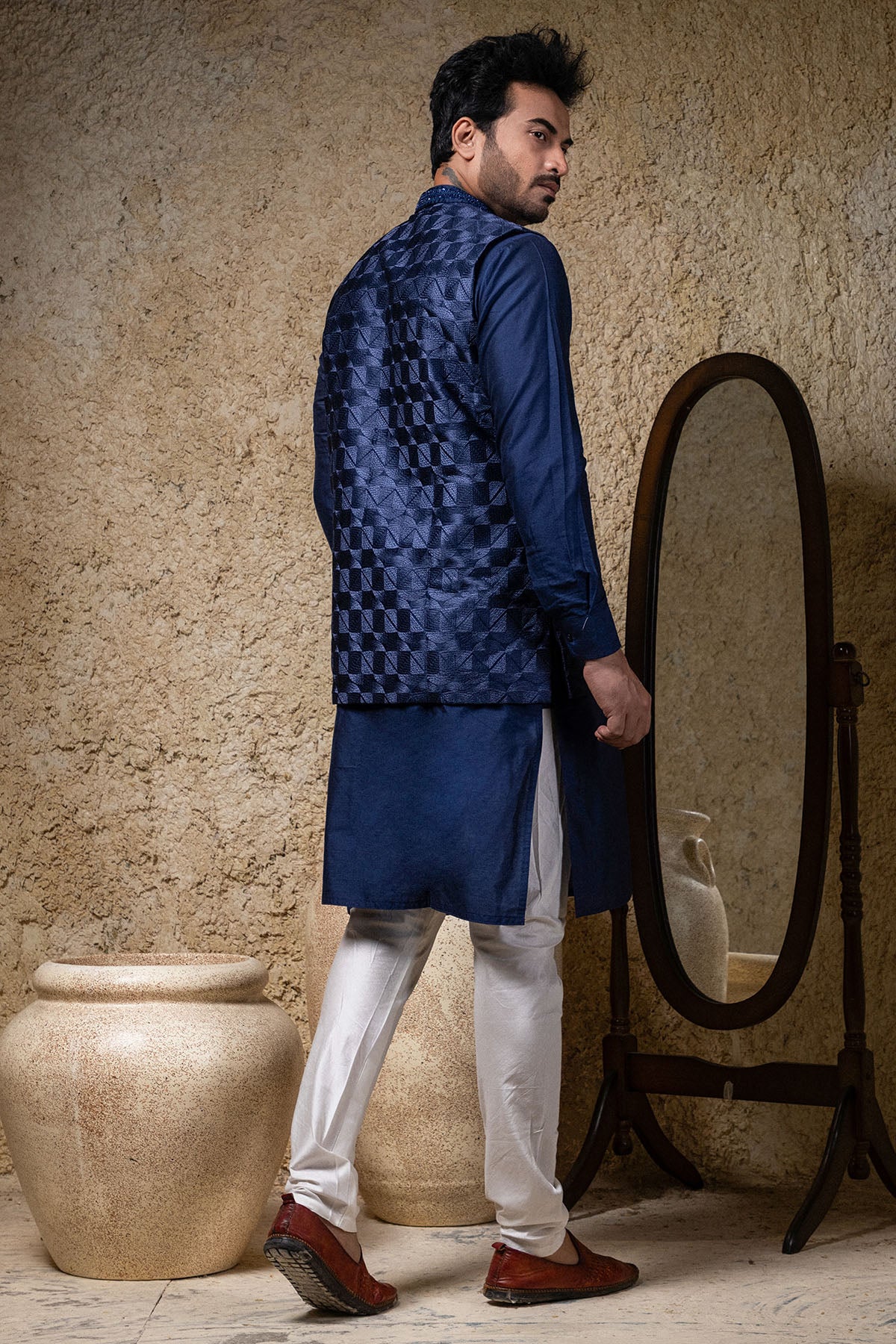 Navy Heavy Embroidered Bundi