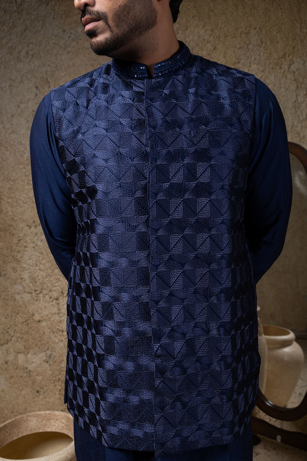 Navy Heavy Embroidered Bundi