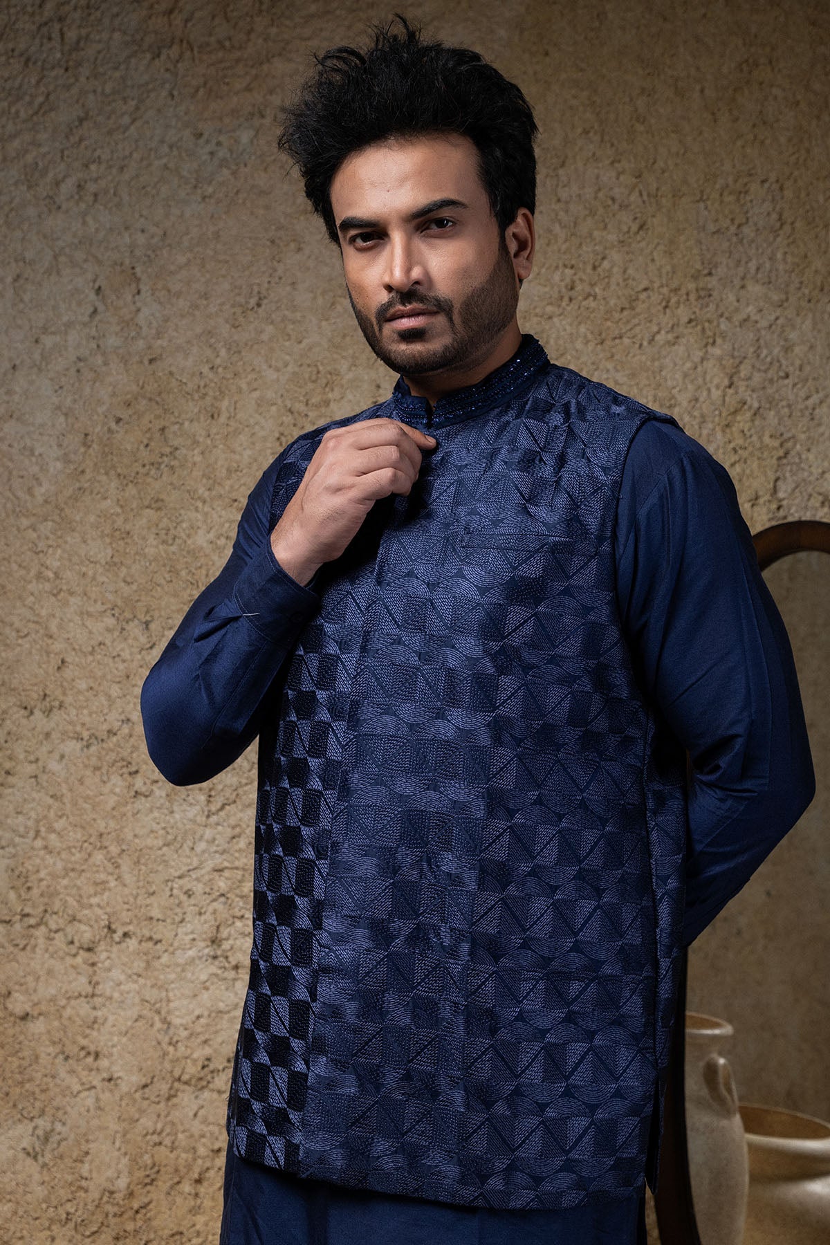 Buy Navy Heavy Embroidered Bundi by Priyanka Haralalka for men online at ScrollnShops