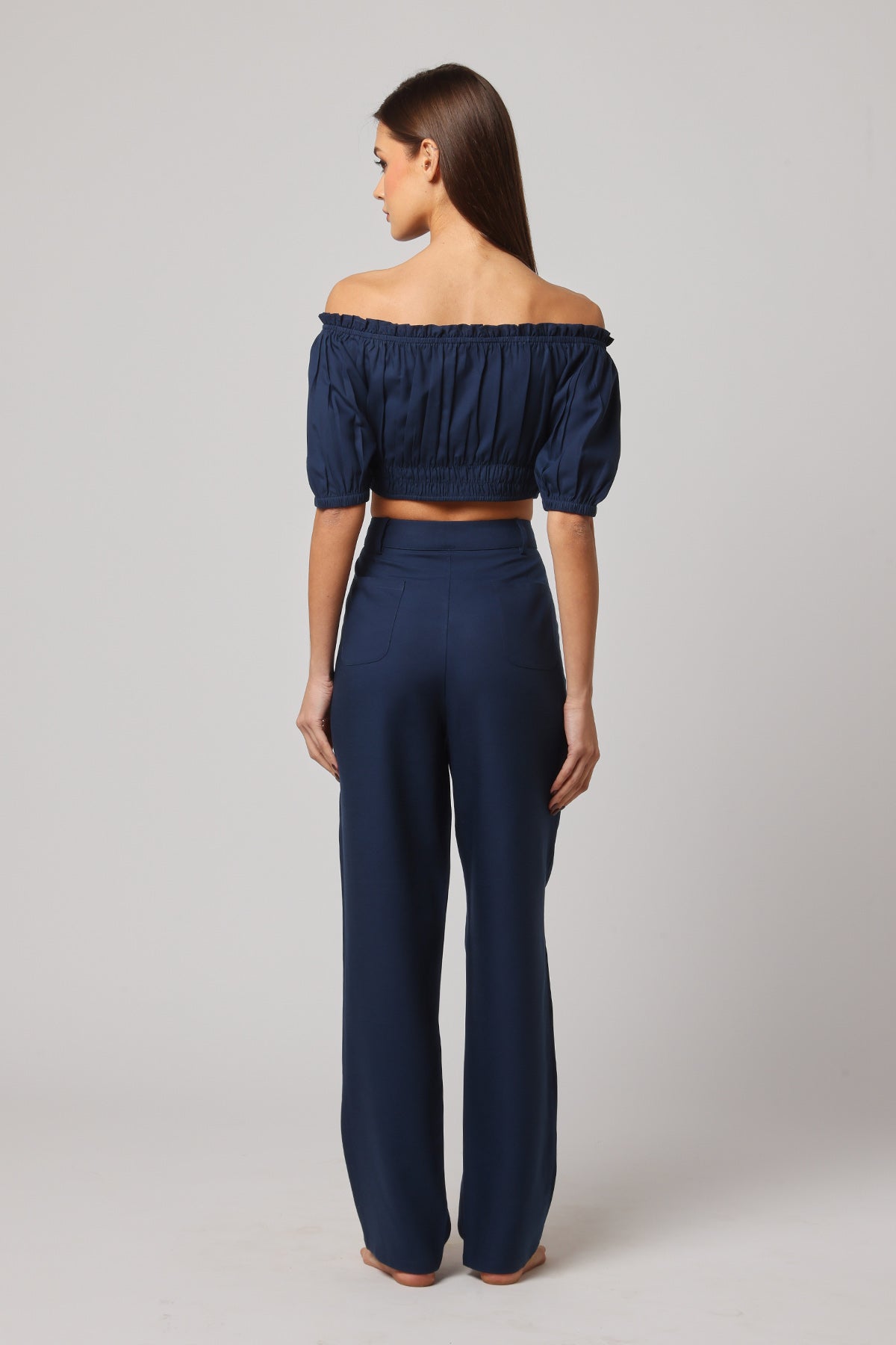 Navy Linen High-Waisted Trousers