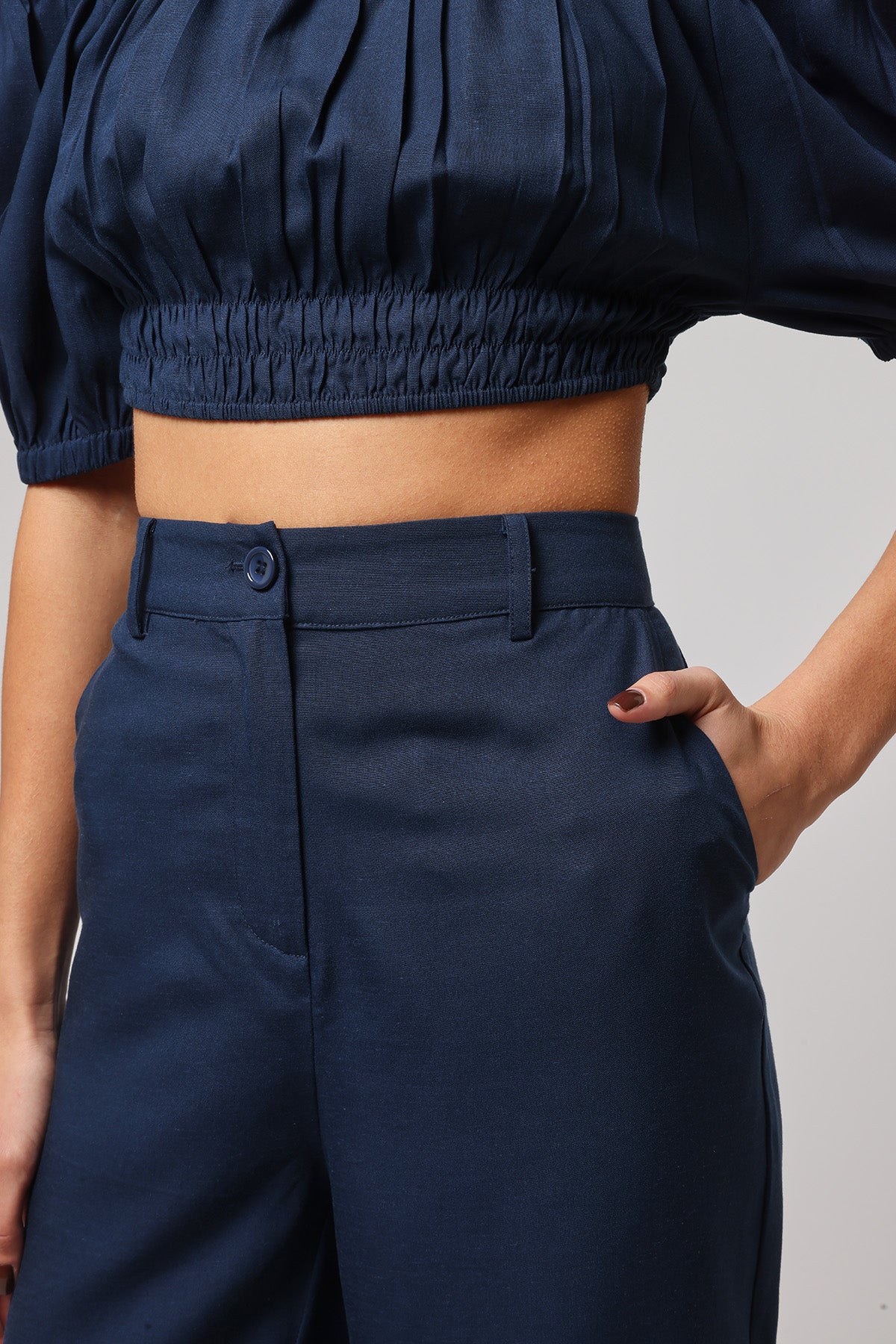 Navy Linen High-Waisted Trousers