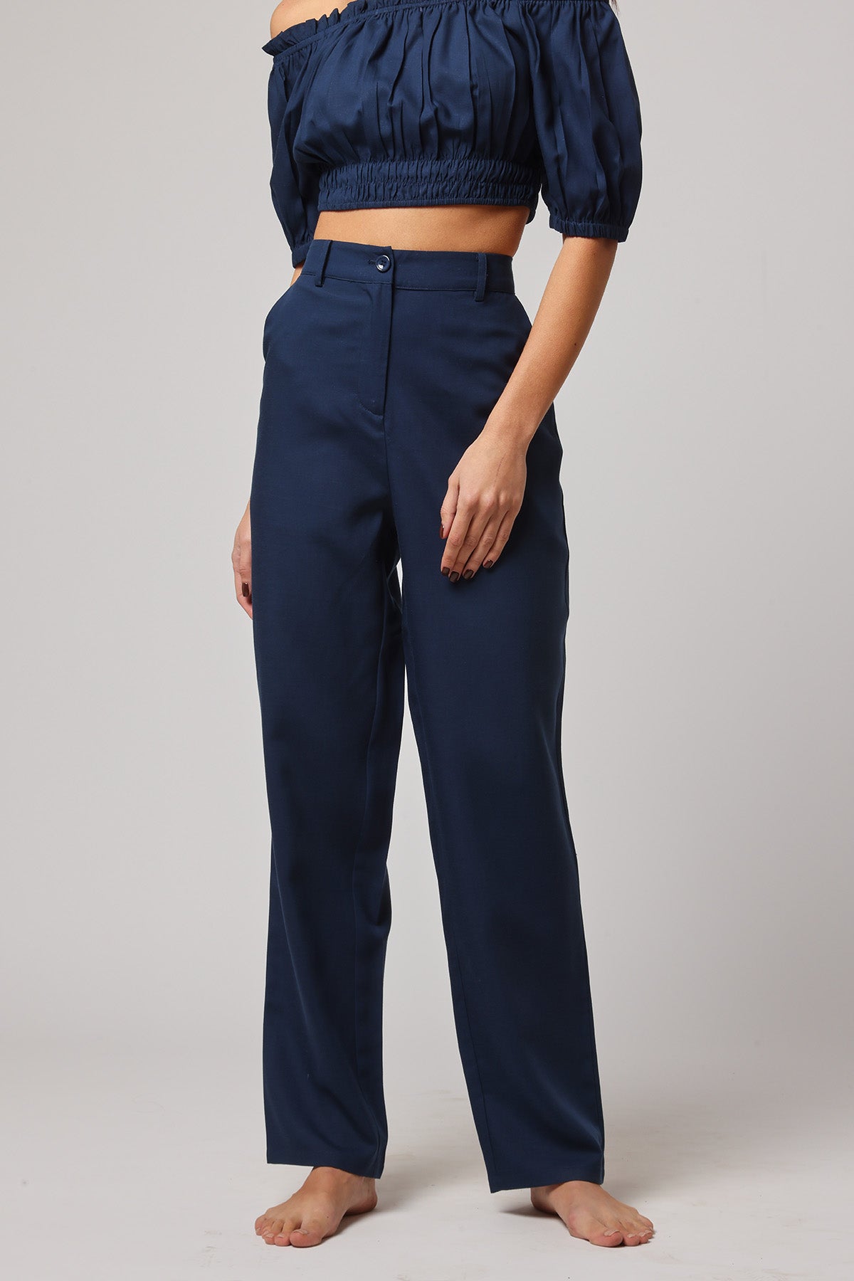 Buy Navy Linen High-Waisted Trousers by Ashita Fernandes for Women online at ScrollnShops