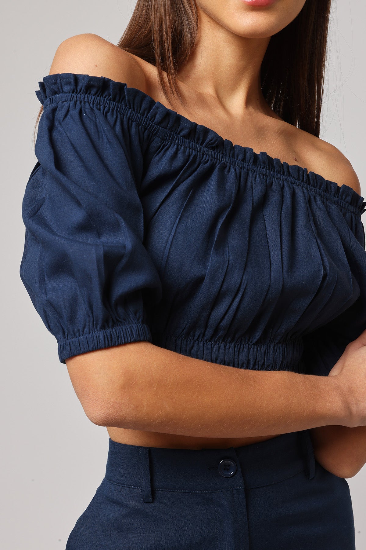 Navy Off-Shoulder Smocked Top