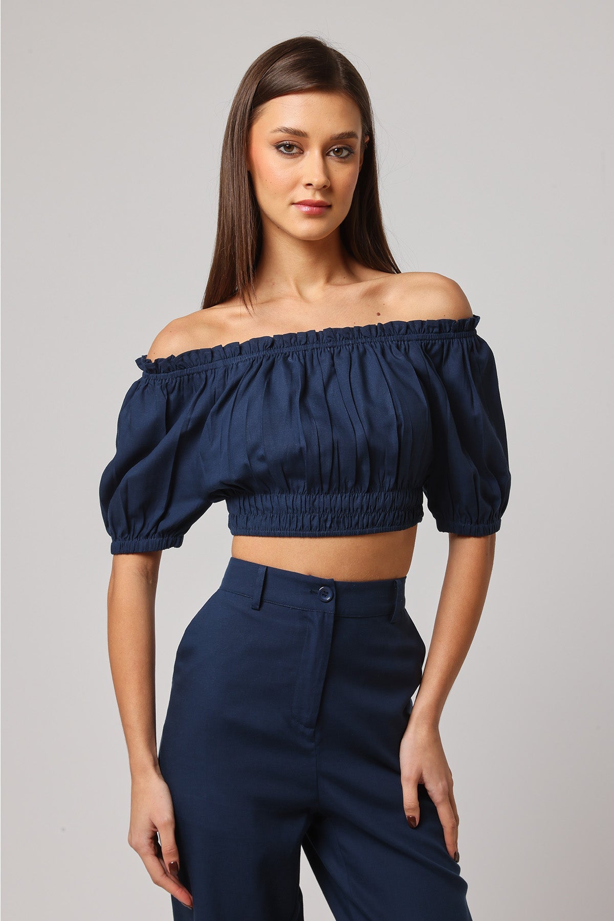 Buy Navy Off-Shoulder Smocked Top by Ashita Fernandes for Women online at ScrollnShops