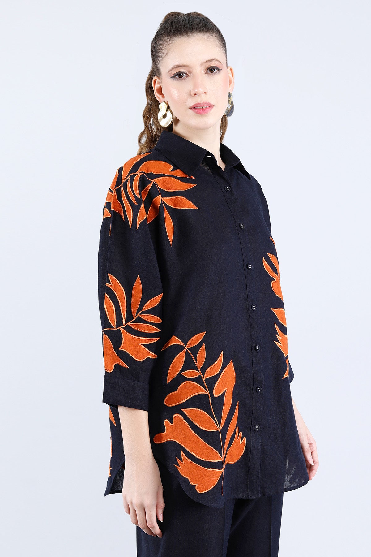 Navy Orange Embroidered Shirt