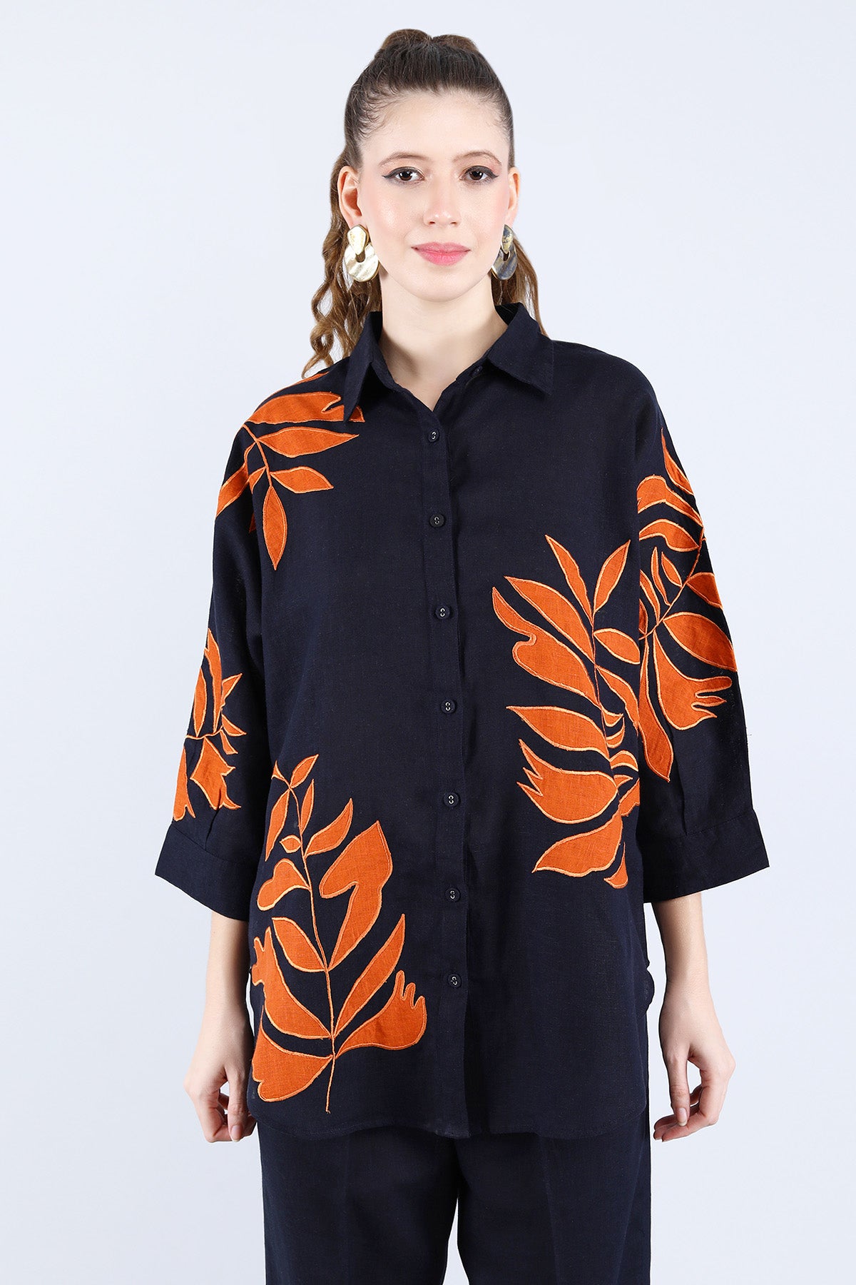 Navy Orange Embroidered Shirt