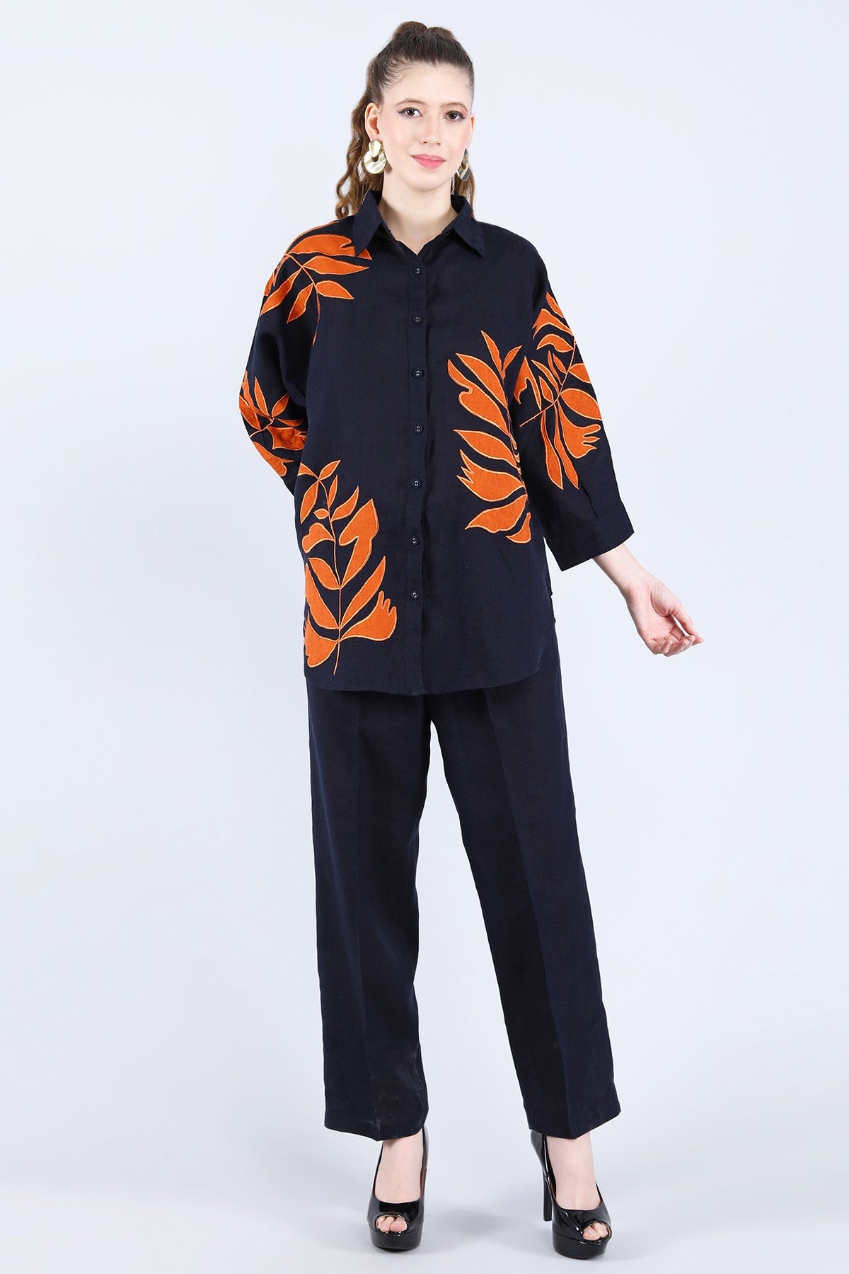 Buy Linen Bloom Navy Orange Embroidered Shirt for women online available at ScrollnShops