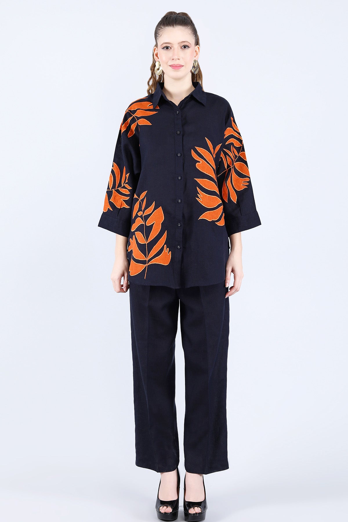 Navy Orange Embroidered Shirt