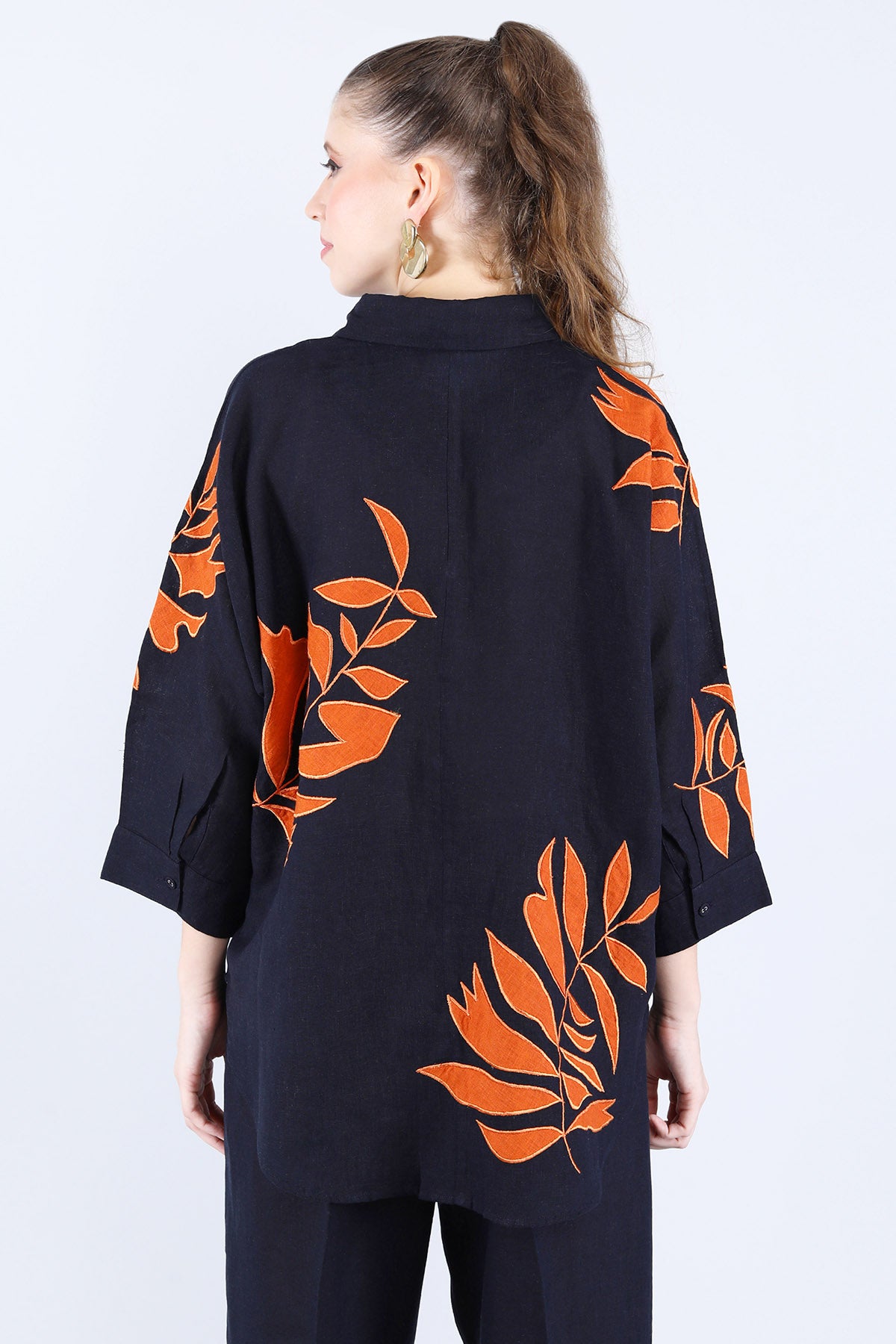 Navy Orange Embroidered Shirt