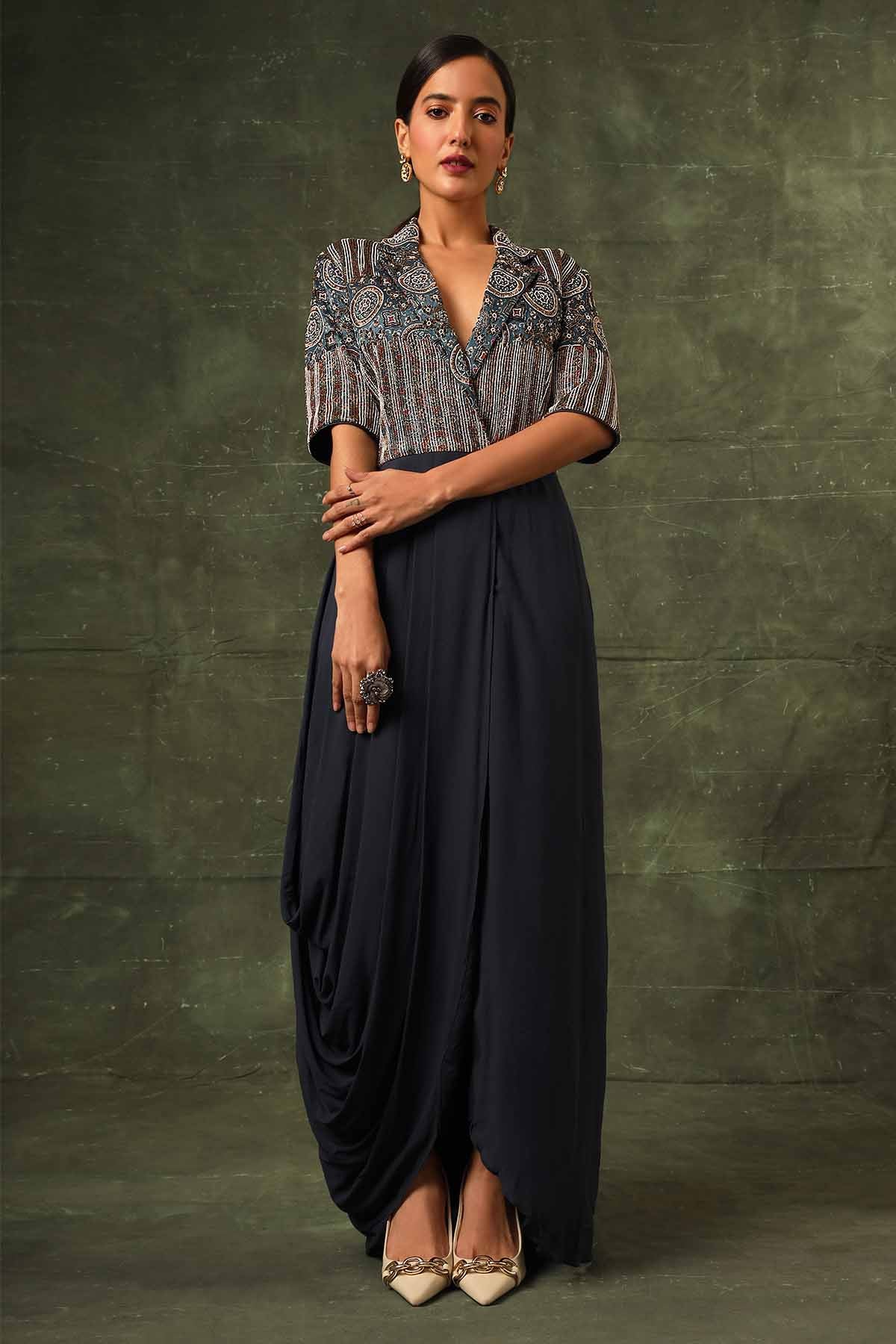 Sejal Kamdar Navy Pearl Embellished Dress for women online at ScrollnShops