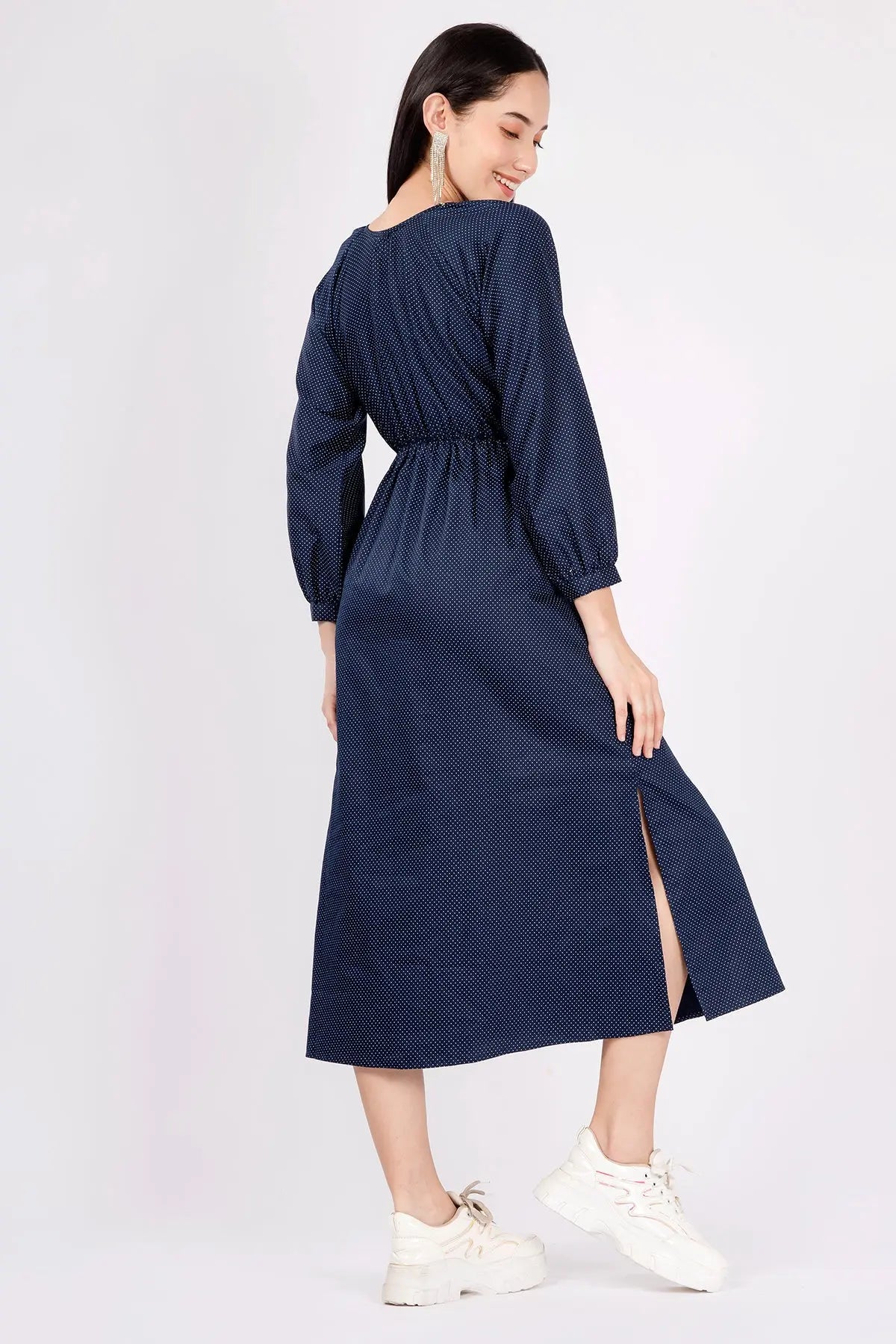 Navy Polka Dot Midi Slit Dress